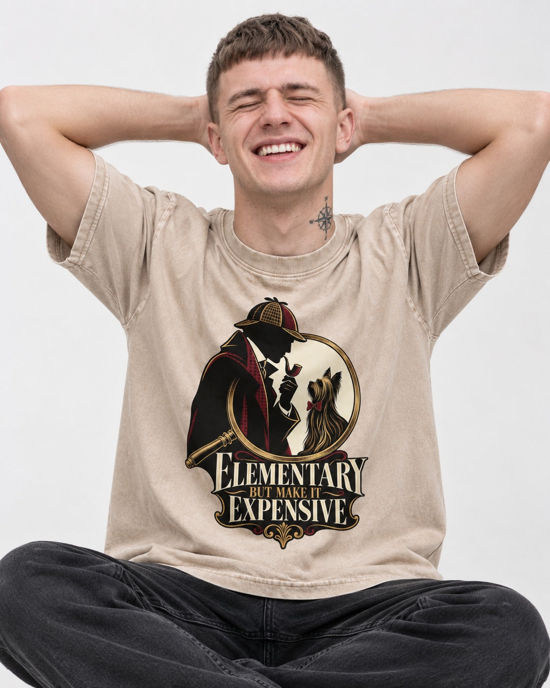 Elementary but Expensive Yorkshire Terrier Washed Tee in Apricot, worn by a seated model