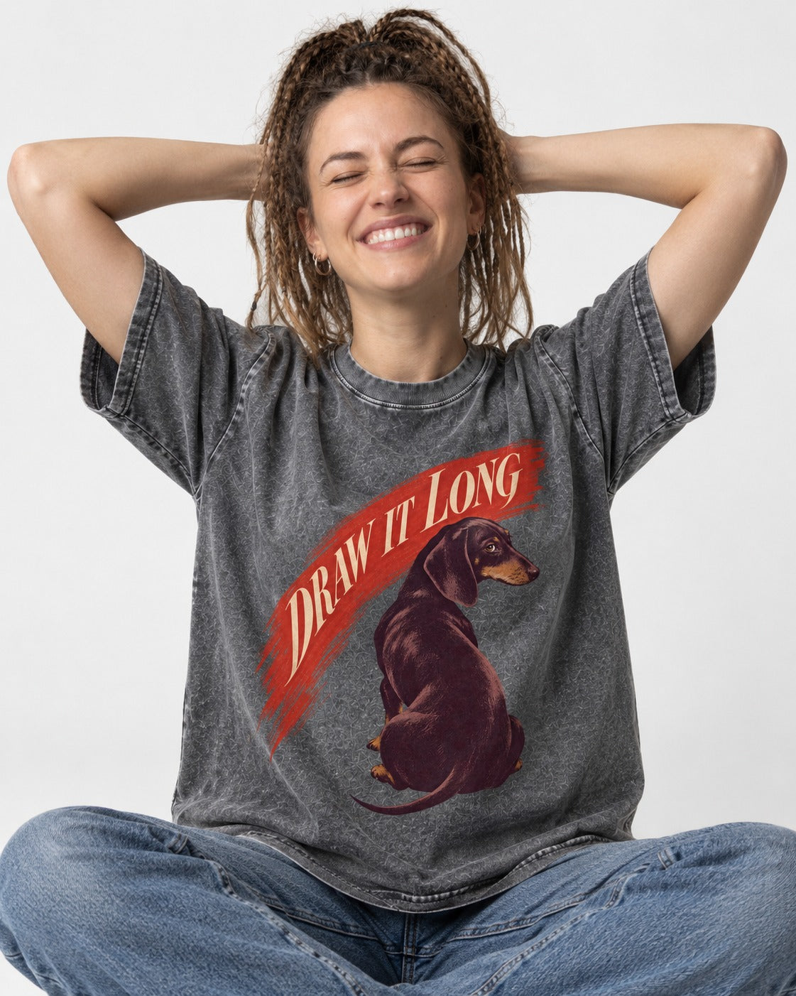 Draw It Long Dachshund Washed Tee in Gray, worn by a seated model