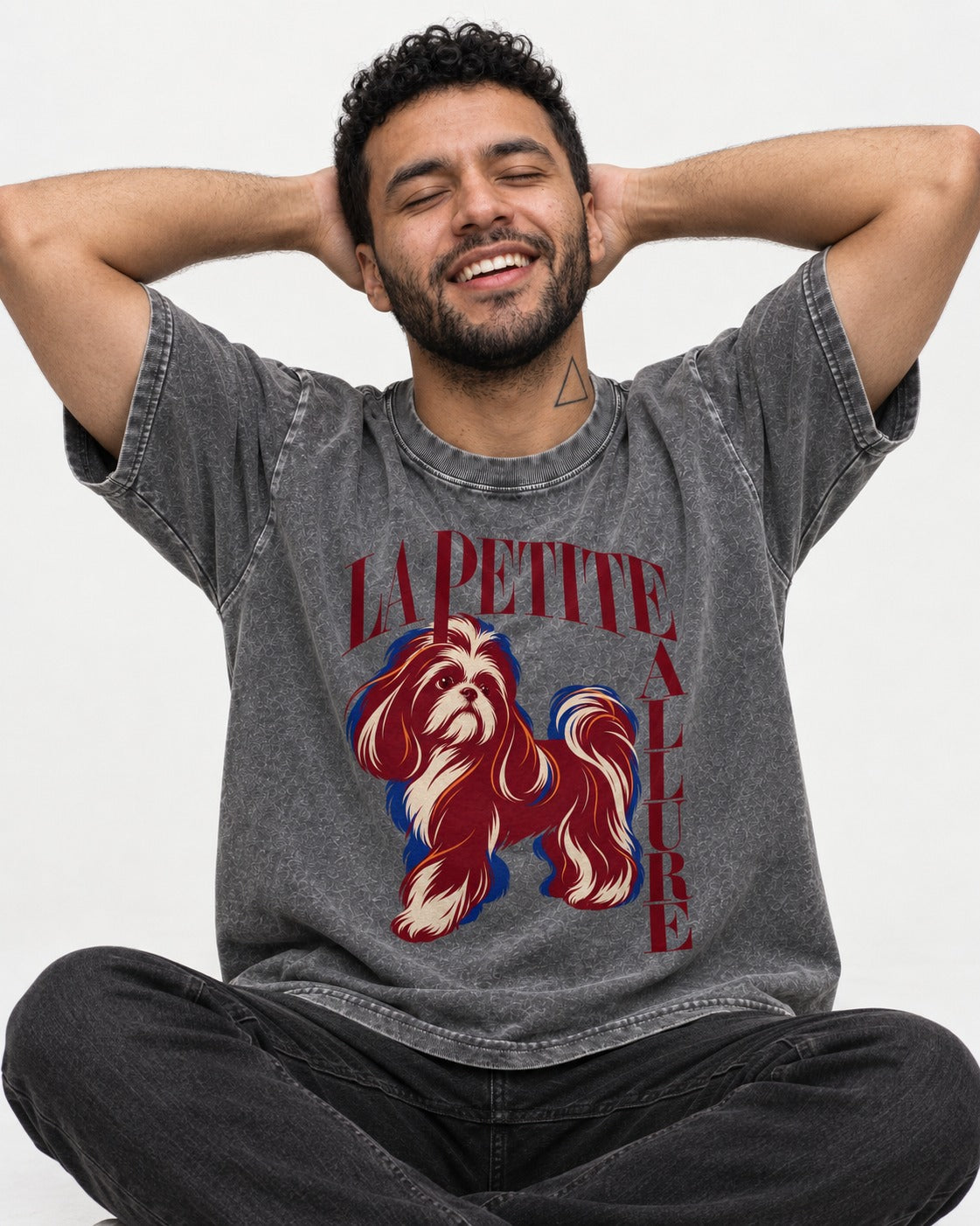 La Petite Allure Shih Tzu Washed Tee in Gray, worn by a seated model