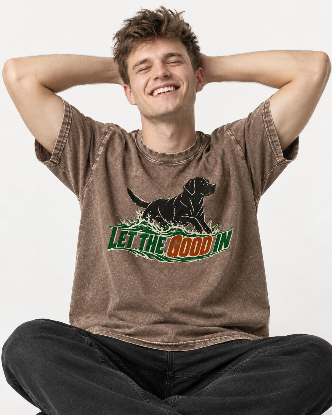 Labrador Retriever Let the Good In Washed Tee in Coffee, worn by a seated model