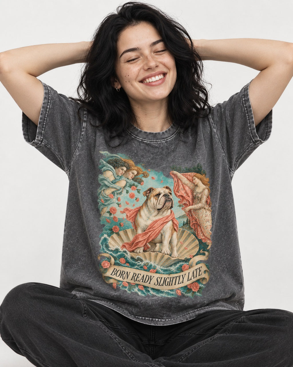 Born Ready Slightly Late English Bulldog Washed Tee in Gray, worn by a seated model