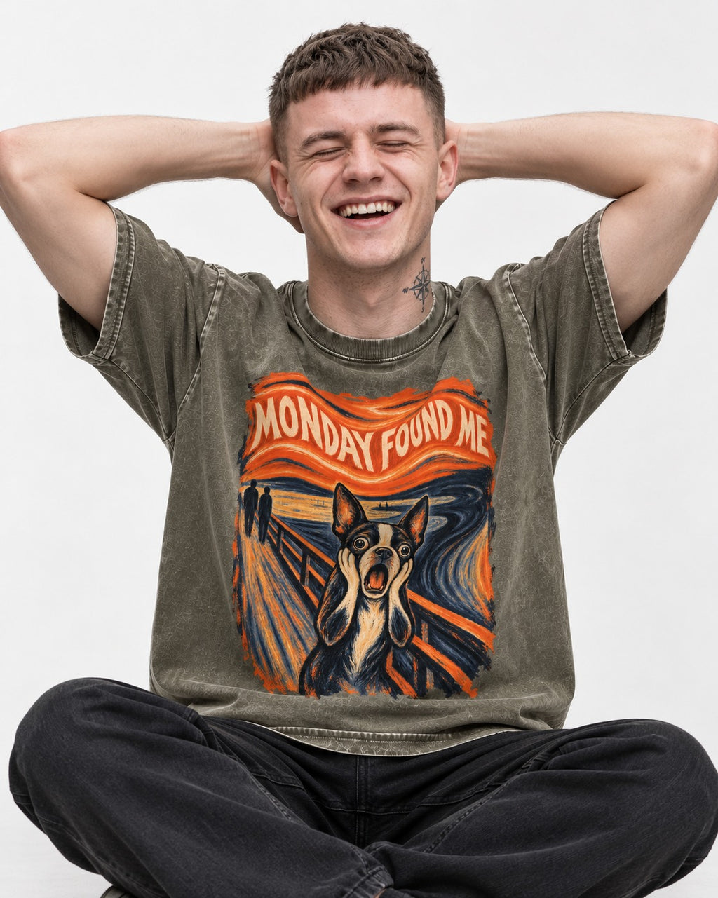 Monday Found Me Boston Terrier Scream Graphic Washed Tee in Army Green, worn by a seated model