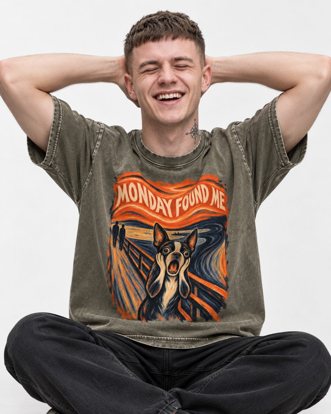 Monday Found Me Boston Terrier Scream Graphic Washed Tee in Army Green, worn by a seated model