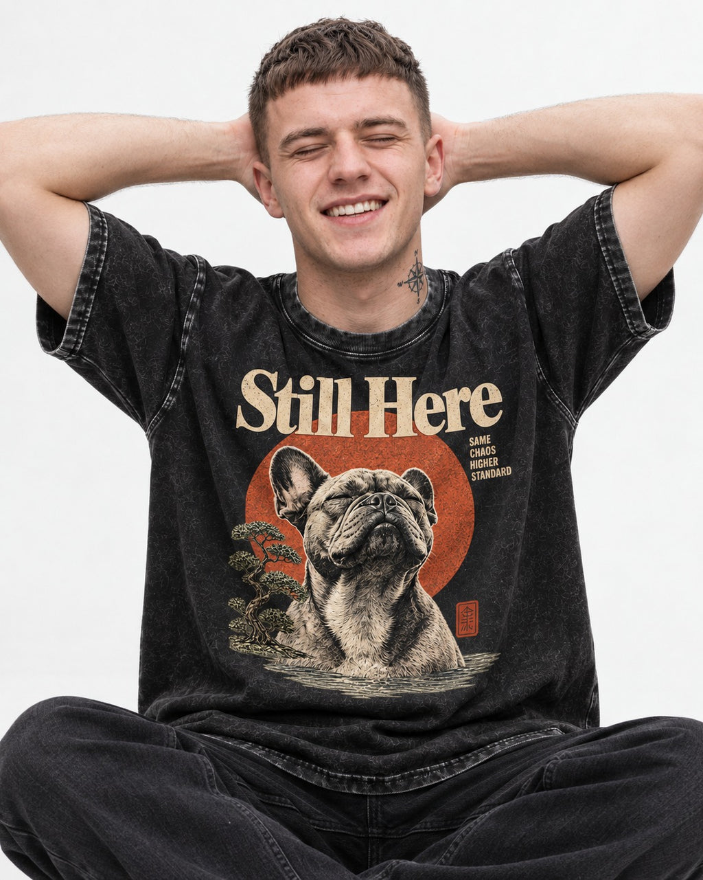 Frenchie Still Here Bonsai Portrait Graphic Washed Tee in Black, worn by a seated model