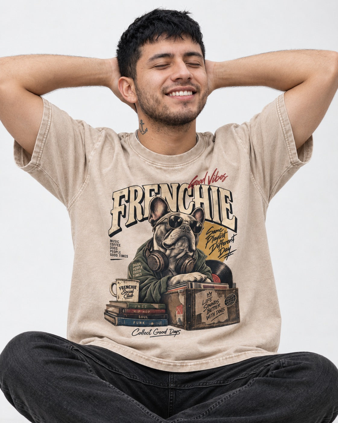 Frenchie Social Club Washed Tee in Apricot, worn by a seated model