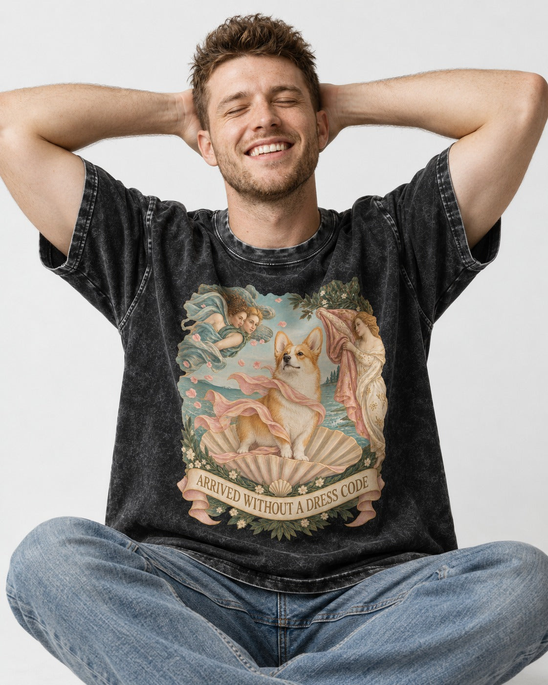Corgi Arrived Without a Dress Code Birth of Venus Washed Tee in Black, worn by a seated model