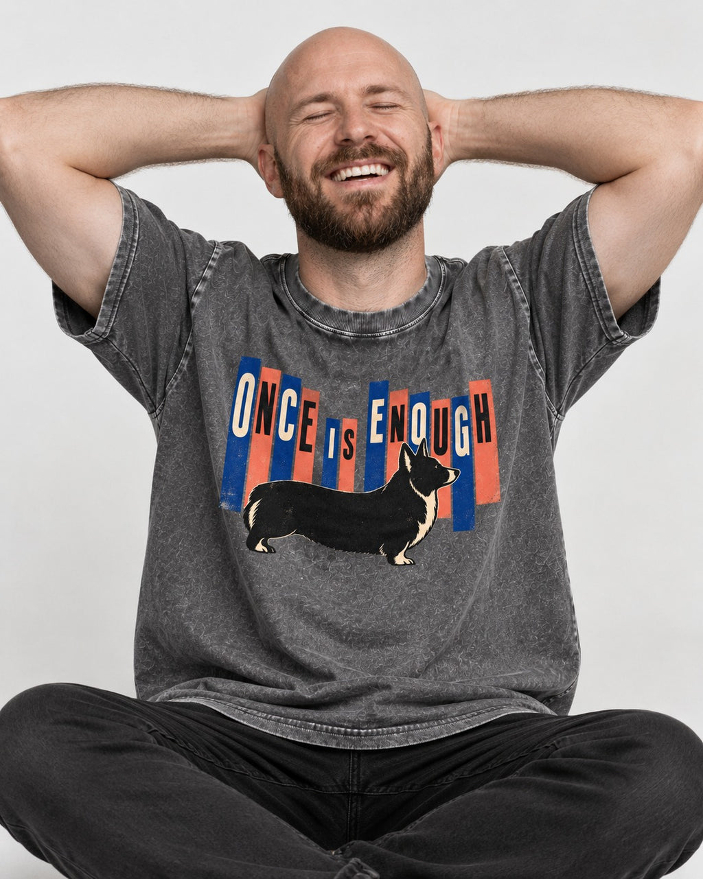 Corgi Once Is Enough Washed Tee in Gray, worn by a seated model