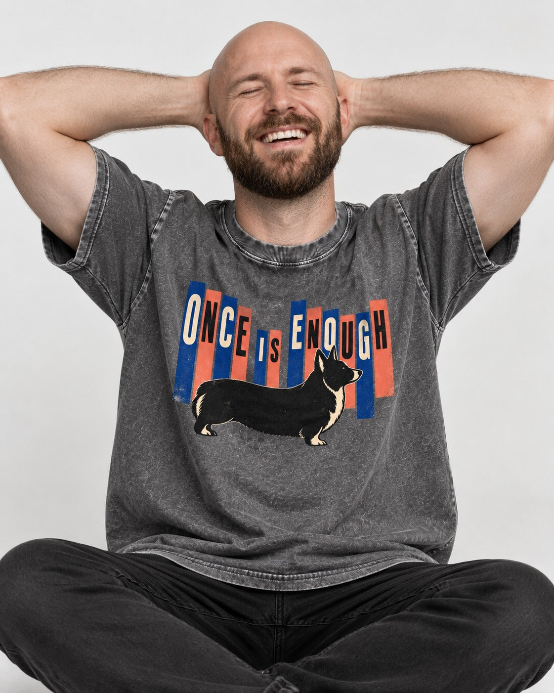 Corgi Once Is Enough Washed Tee in Gray, worn by a seated model