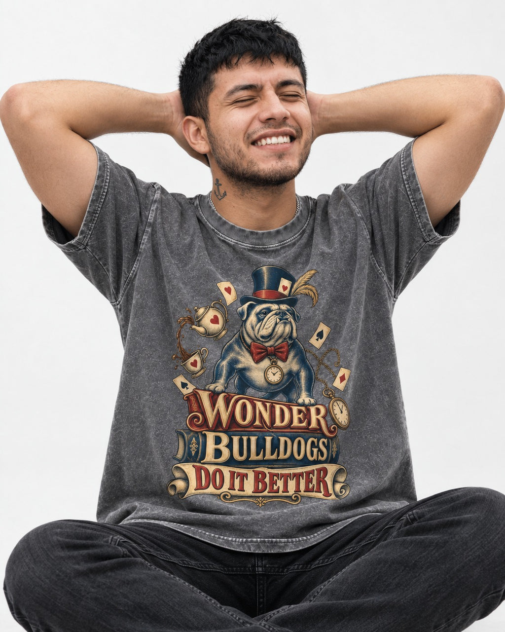 Wonder English Bulldog Washed Tee in Gray, worn by a seated model