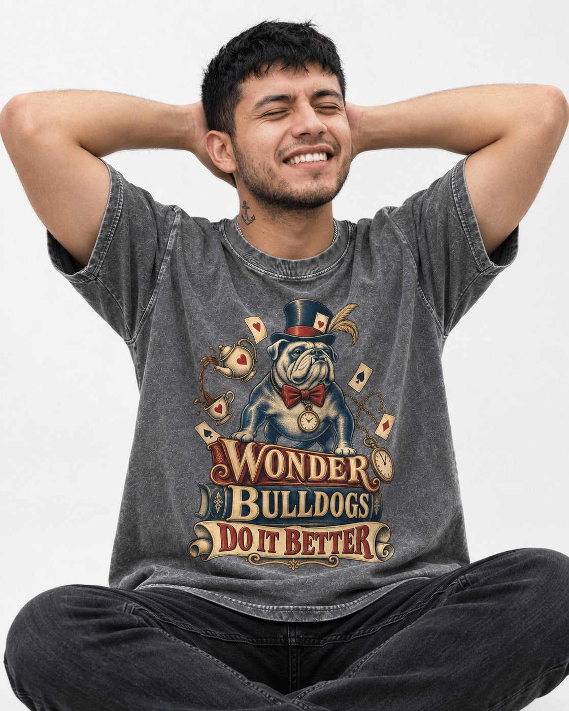 Wonder English Bulldog Washed Tee in Gray, worn by a seated model