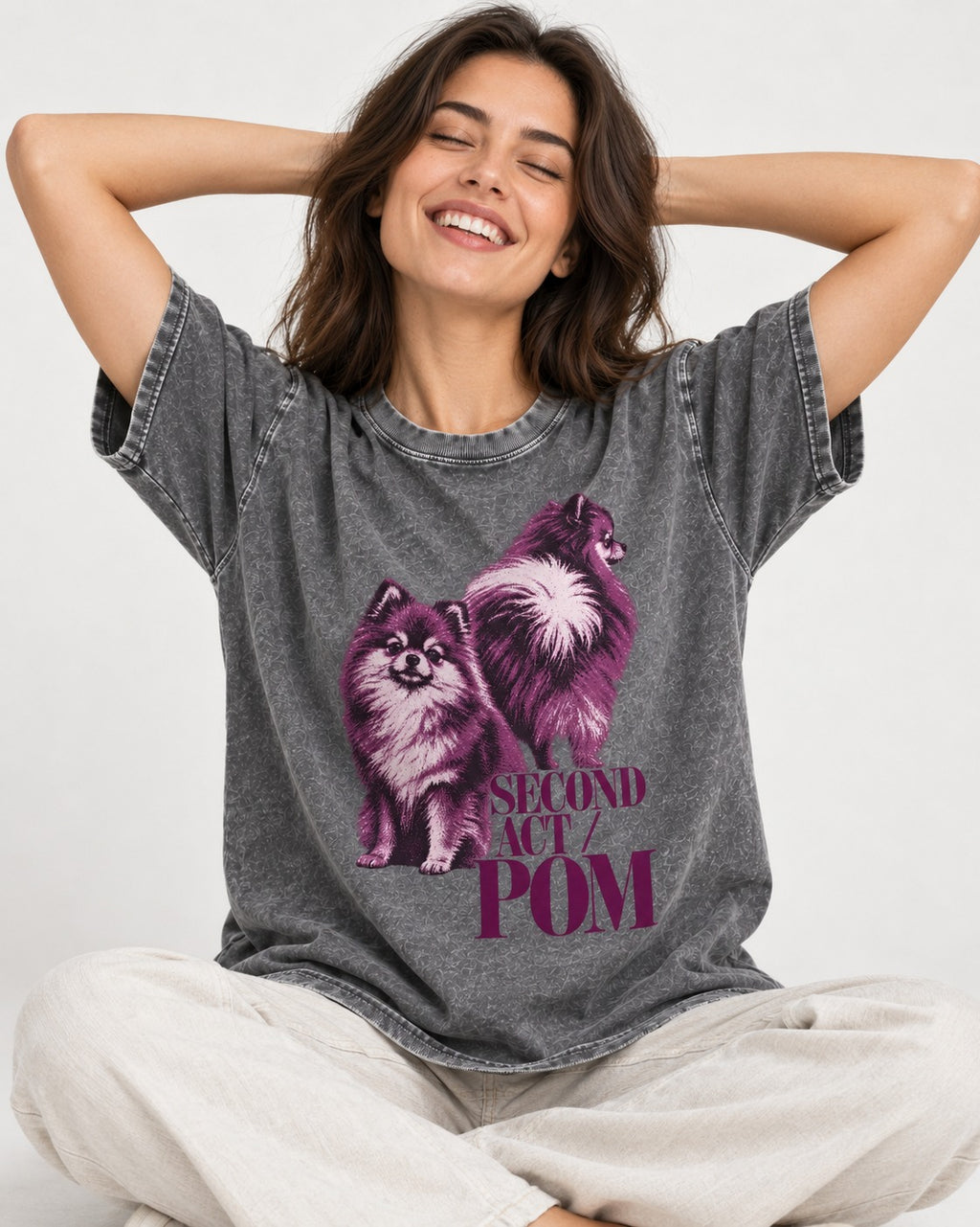 Second Act Pomeranian Washed Tee in Gray, worn by a seated model