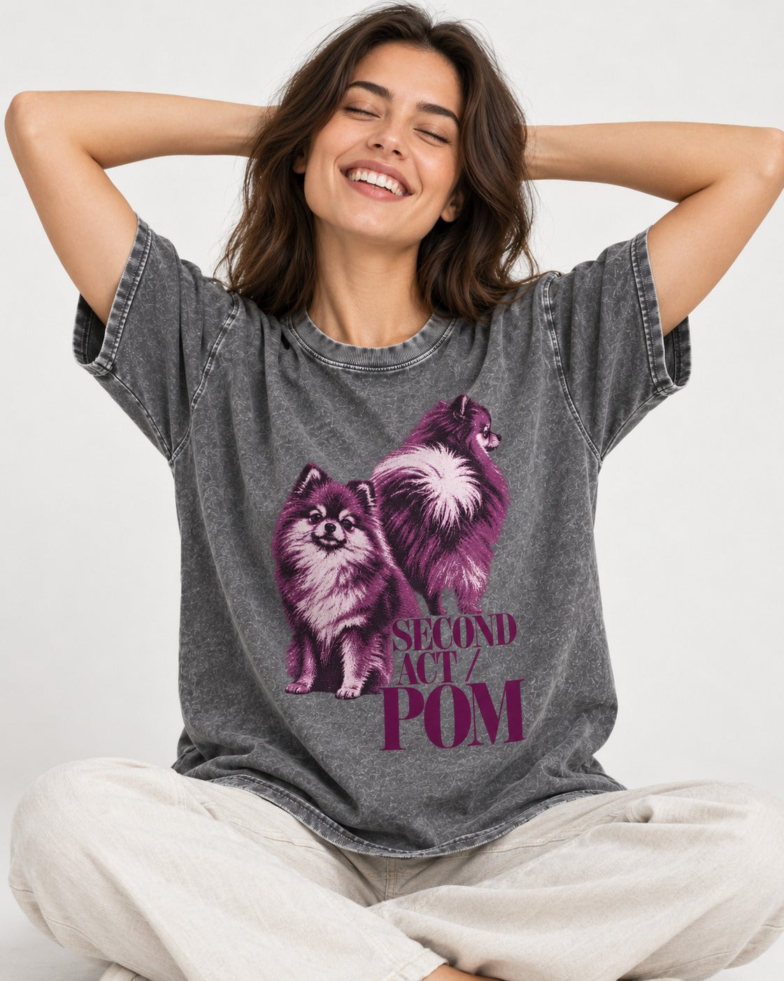 Second Act Pomeranian Washed Tee in Gray, worn by a seated model