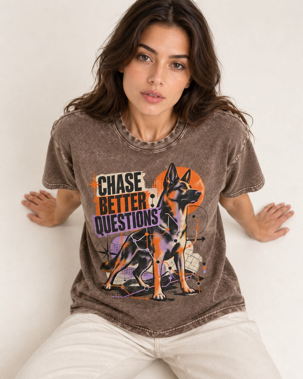 Chase Better Questions German Shepherd Dog Washed Tee in Coffee, worn by a seated model