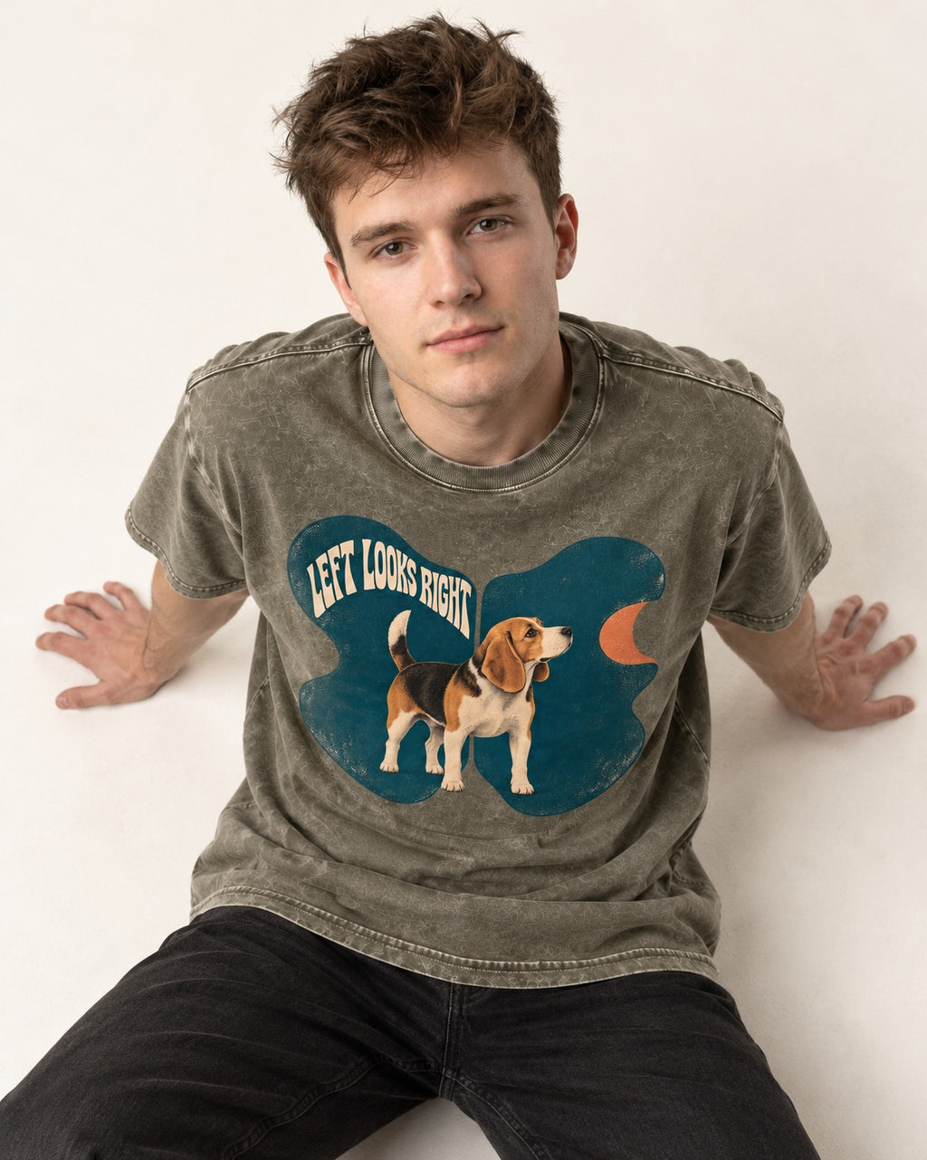 Left Looks Right Beagle Abstract Shapes Washed Tee in Army Green, worn by a seated model