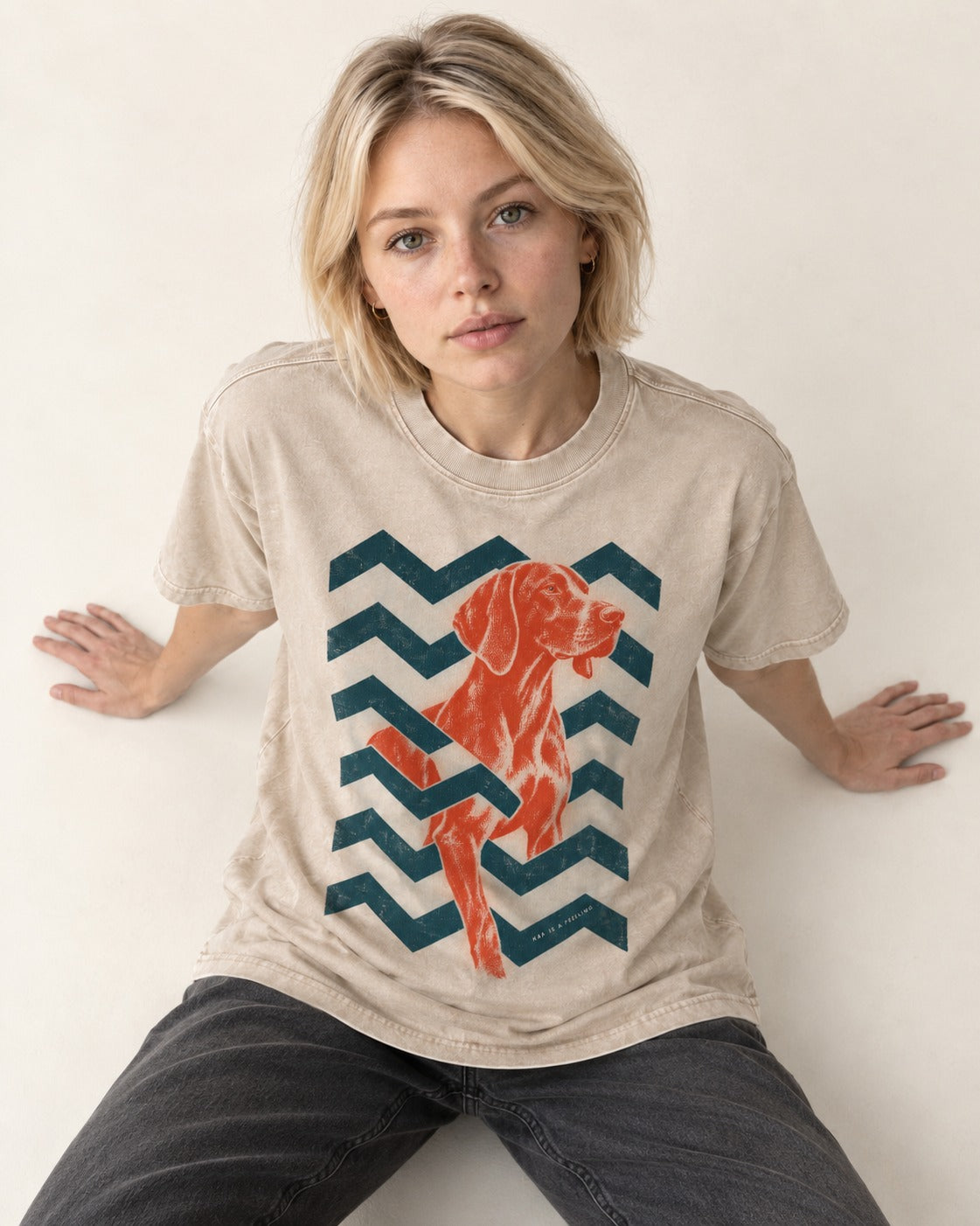 German Shorthaired Pointer Far Is a Feeling Chevron Graphic Washed Tee in Apricot, worn by a seated model