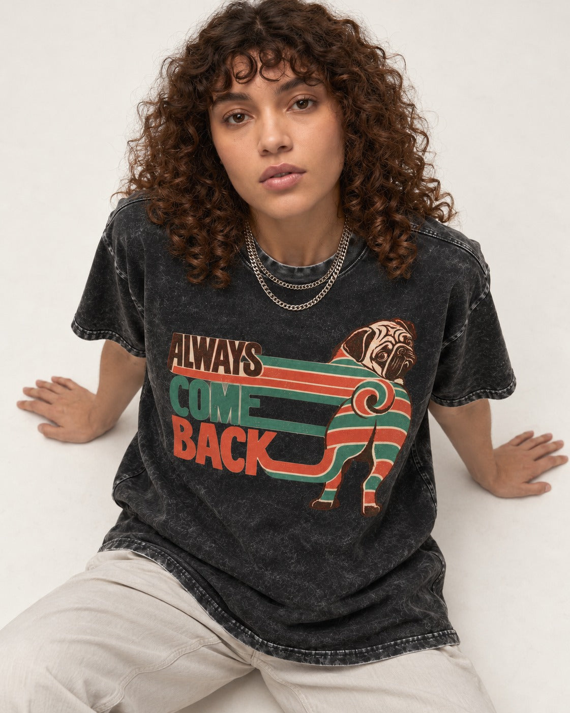 Pug Always Come Back Striped Body Graphic Washed Tee in Black, worn by a seated model