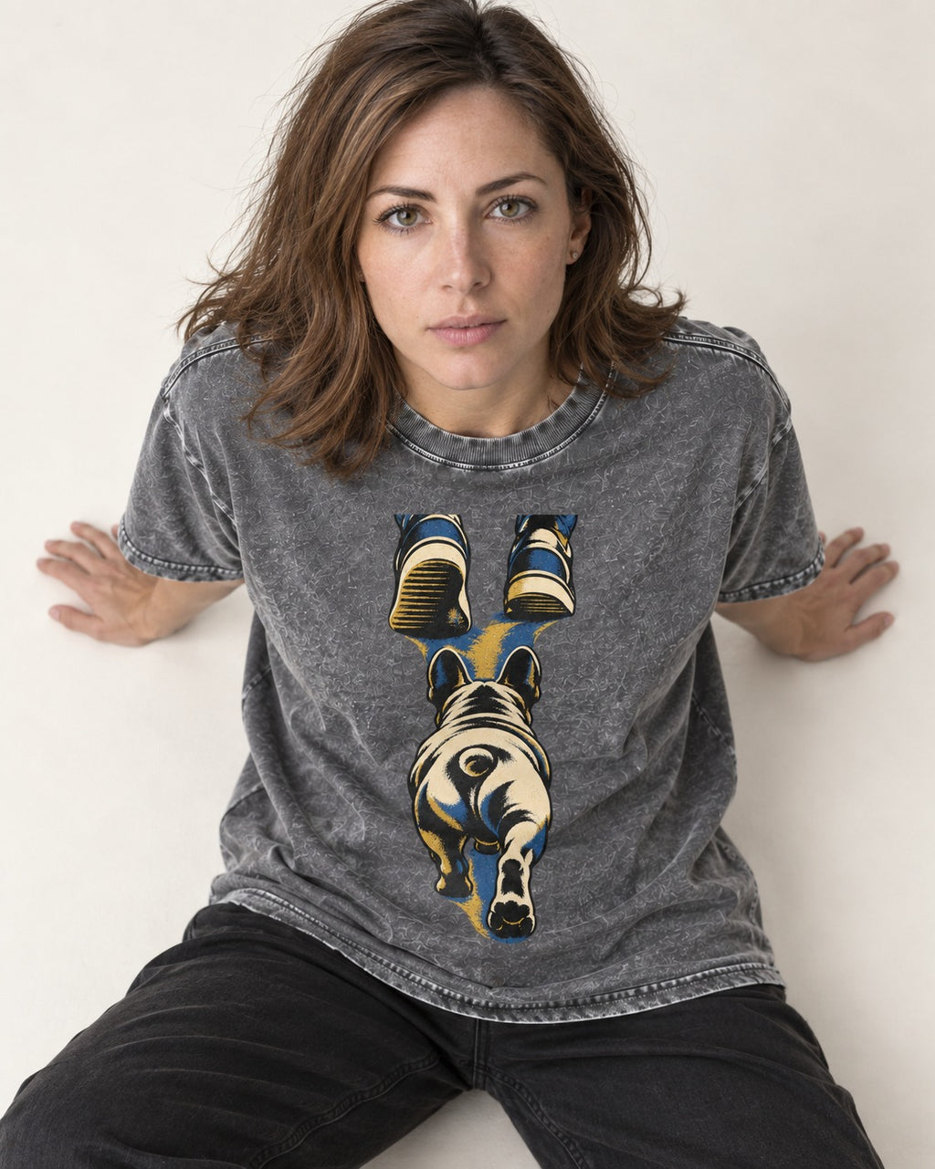 Frenchie Wherever I Go Washed Tee in Gray, worn by a seated model