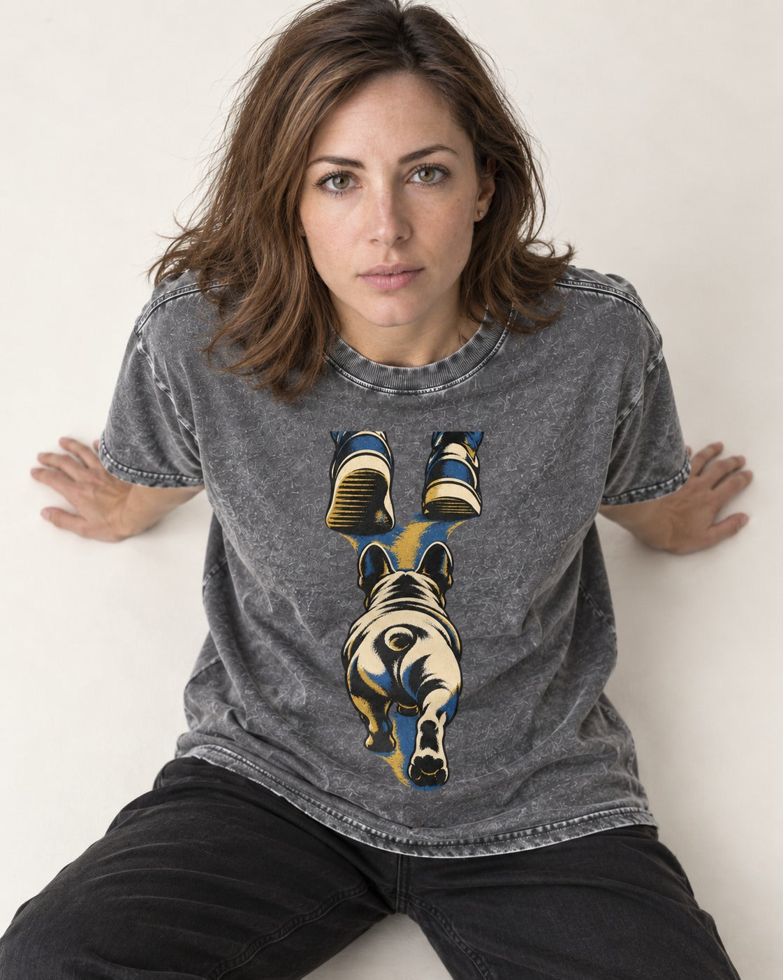 Frenchie Wherever I Go Washed Tee in Gray, worn by a seated model