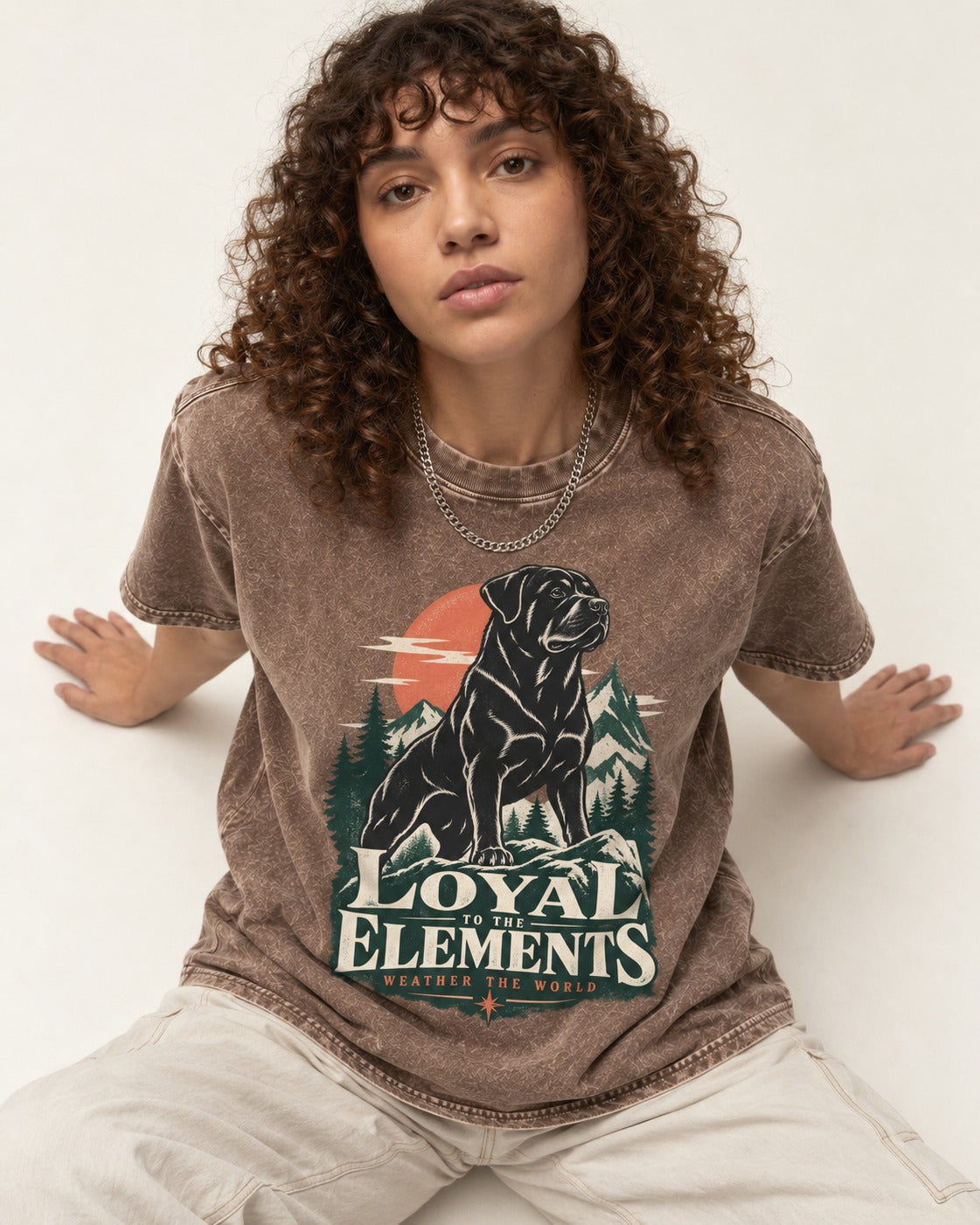 Rottweiler Loyal to the Elements Washed Tee in Coffee, worn by a seated model
