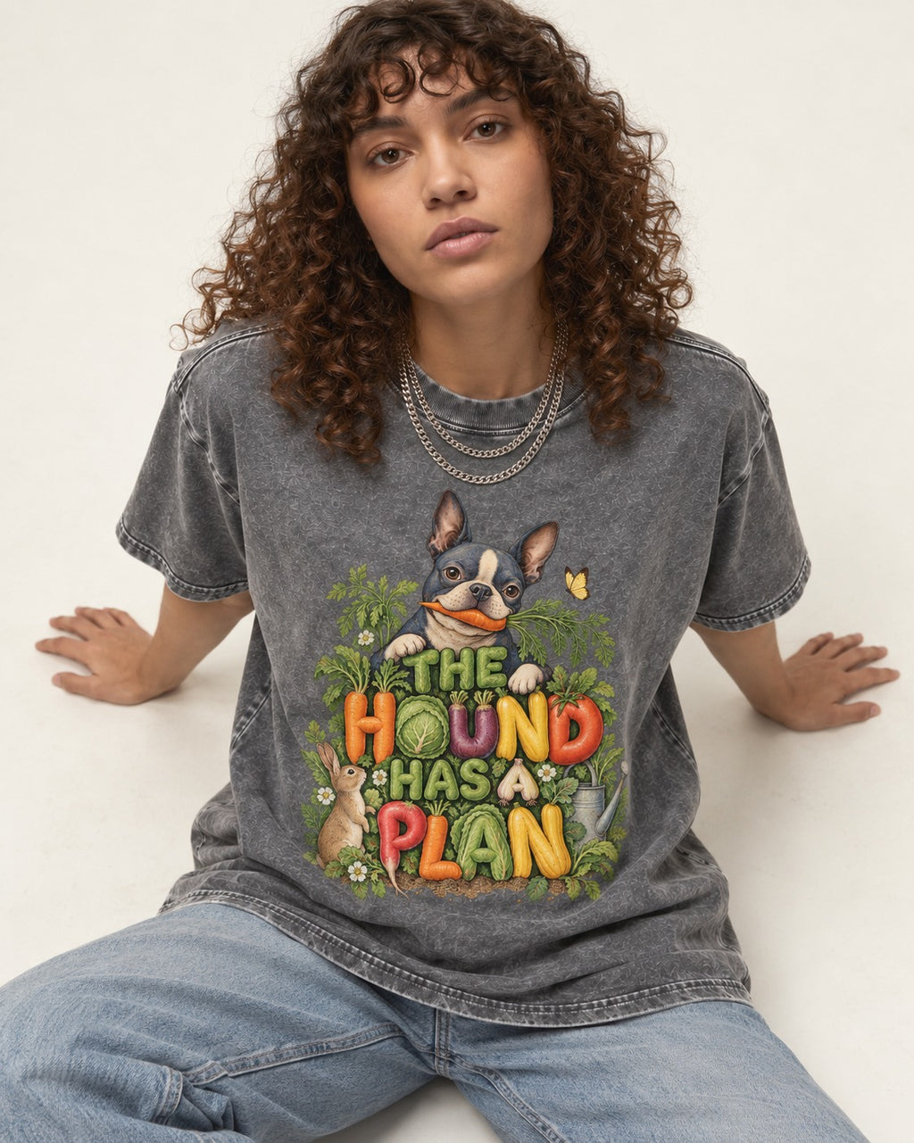 The Hound Has a Plan Boston Terrier Washed Tee in Gray, worn by a seated model