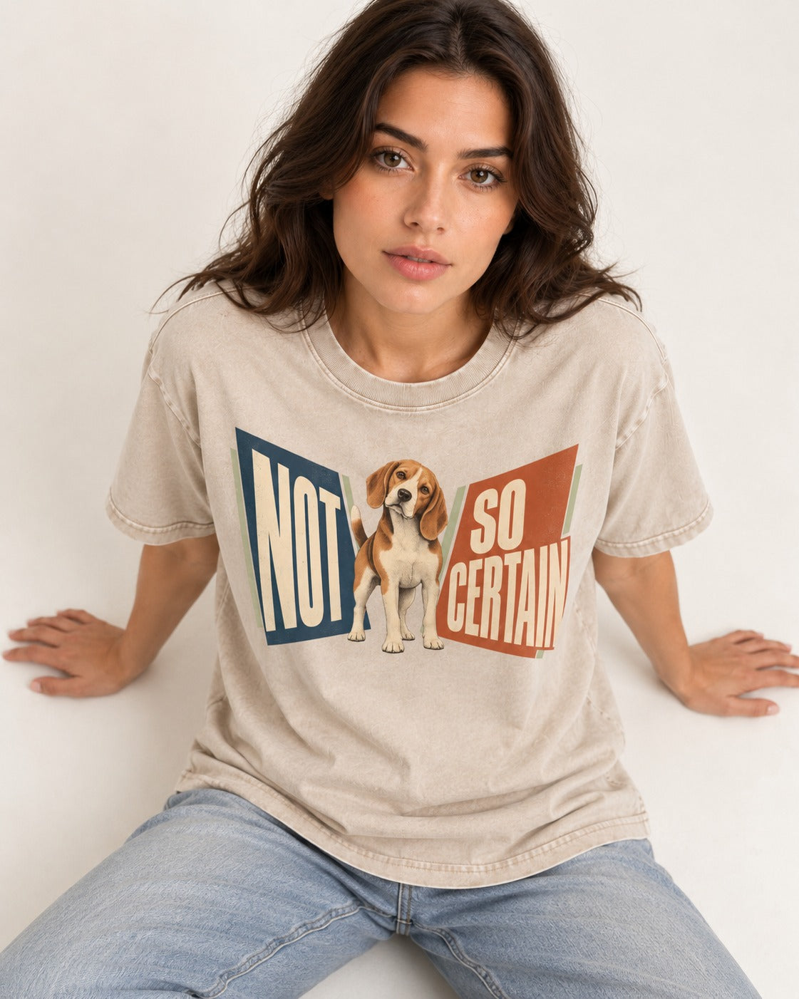 Beagle Not So Certain Retro Panel Graphic Washed Tee in Apricot, worn by a seated model