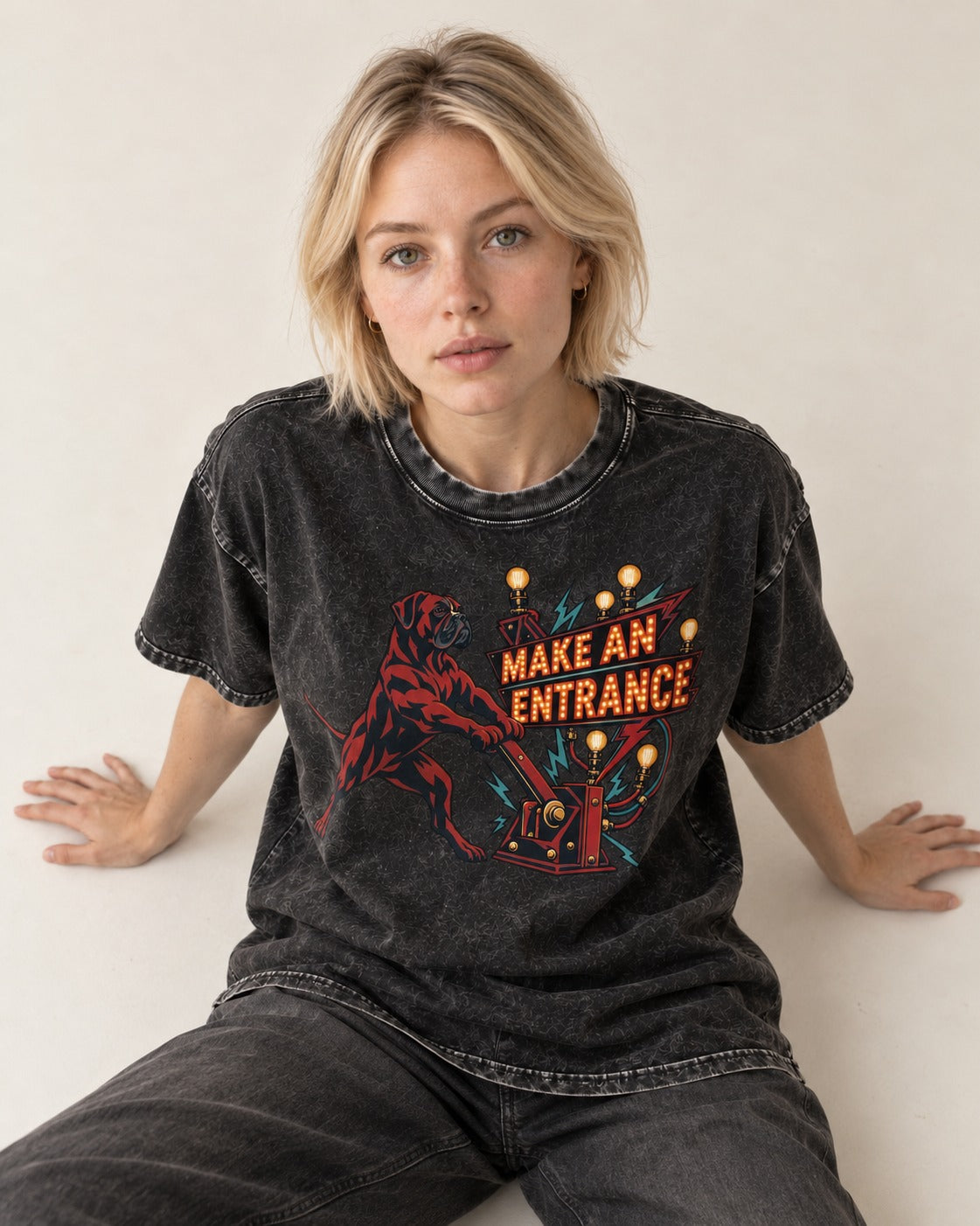 Boxer Make an Entrance Washed Tee in Black, worn by a seated model