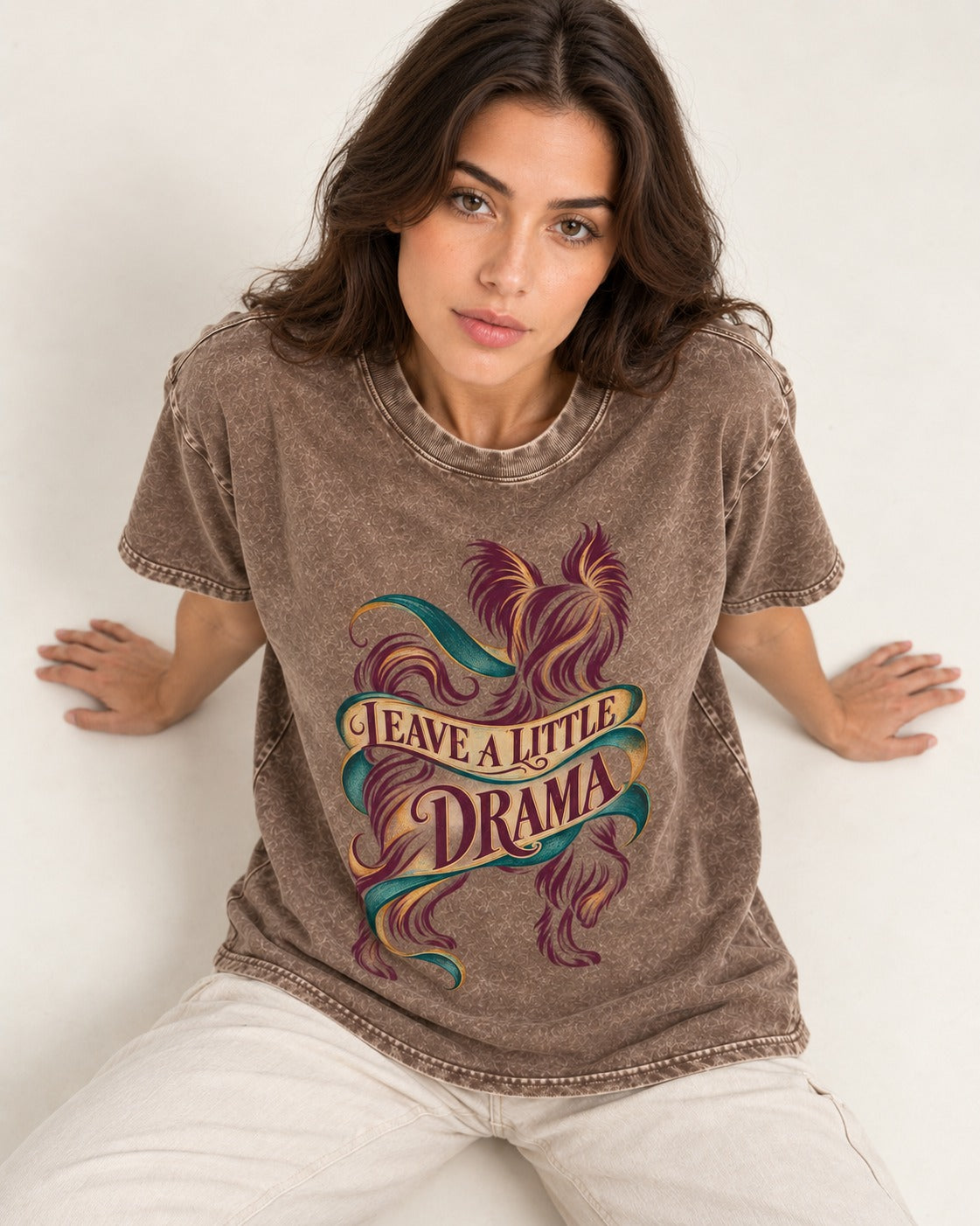 Leave a Little Drama Yorkshire Terrier Washed Tee in Coffee, worn by a seated model