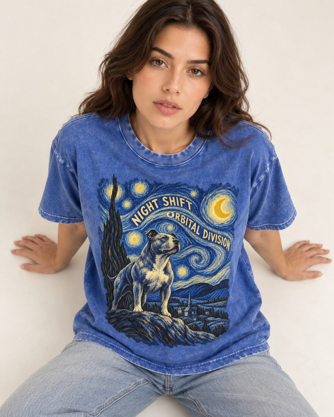Pitbull Night Shift Orbital Division Starry Night Graphic Washed Tee in Royal Blue, worn by a seated model