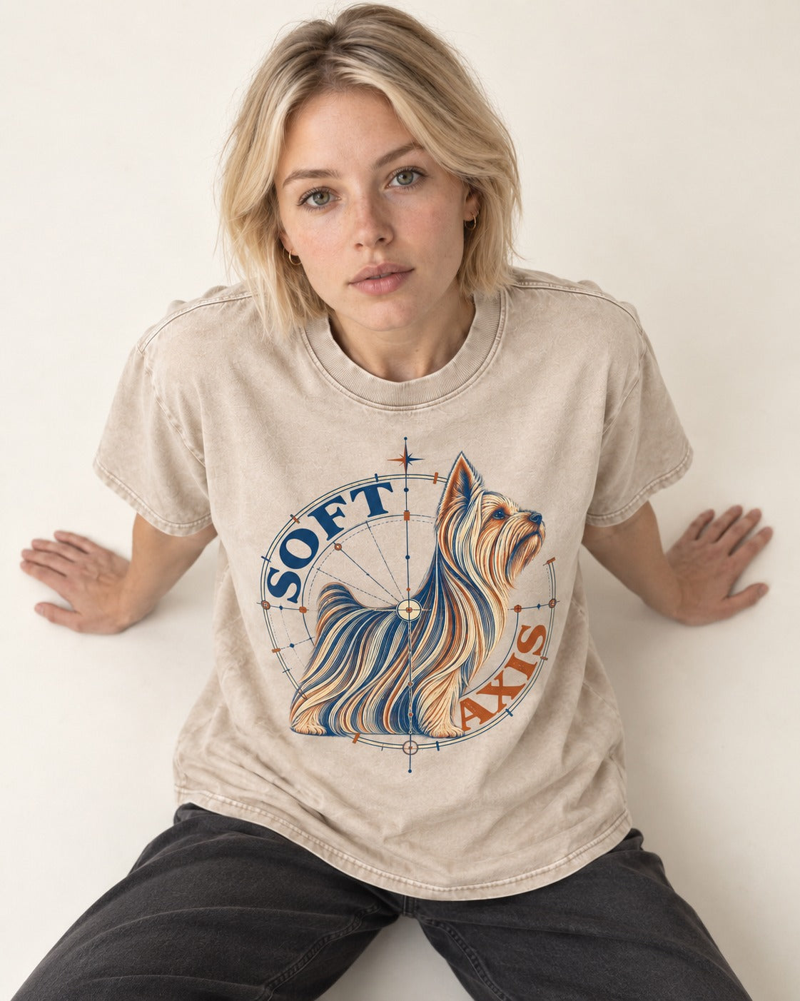 Soft Axis Yorkshire Terrier Washed Tee in Apricot, worn by a seated model