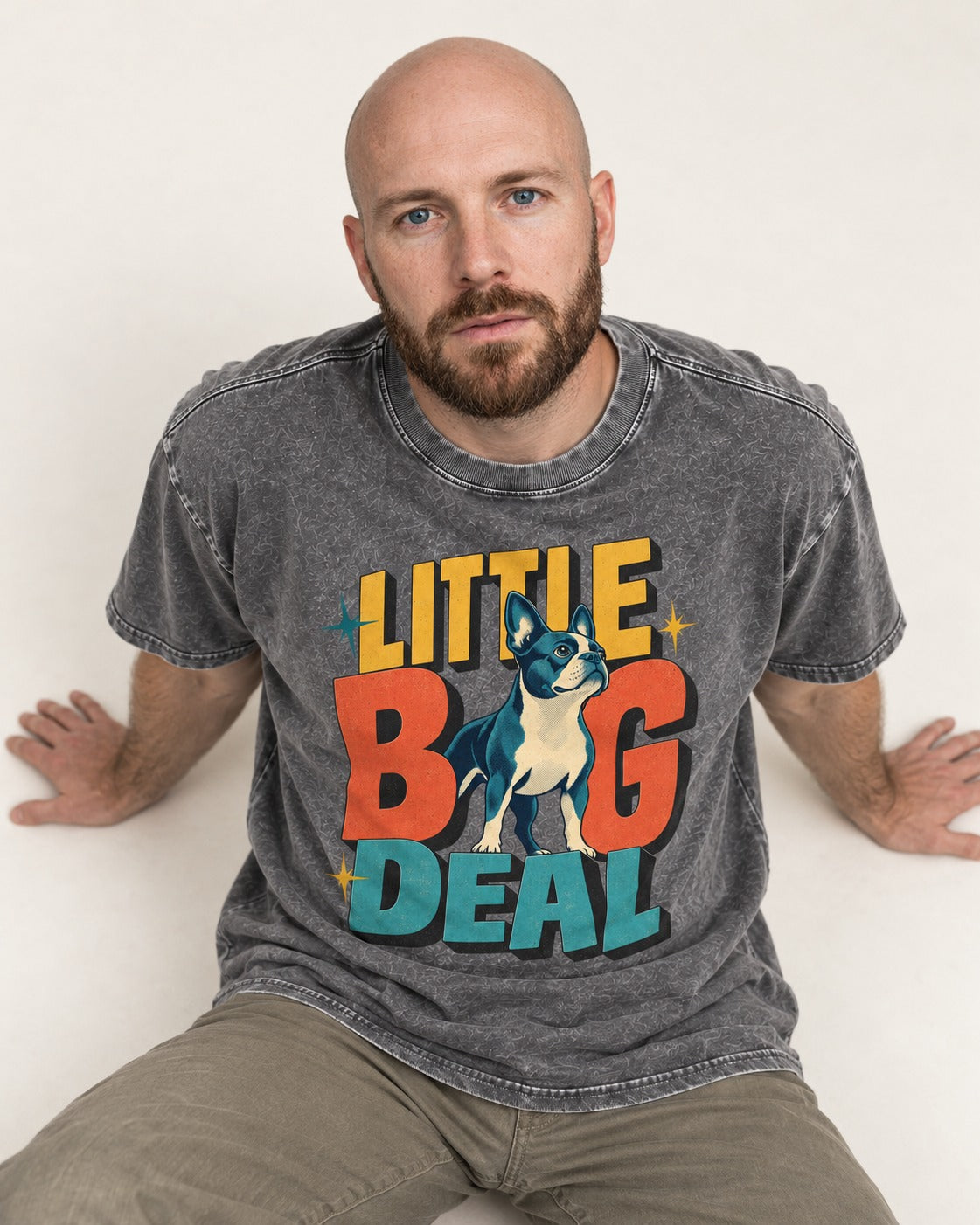 Boston Terrier Little Big Deal Washed Tee in Gray, worn by a seated model