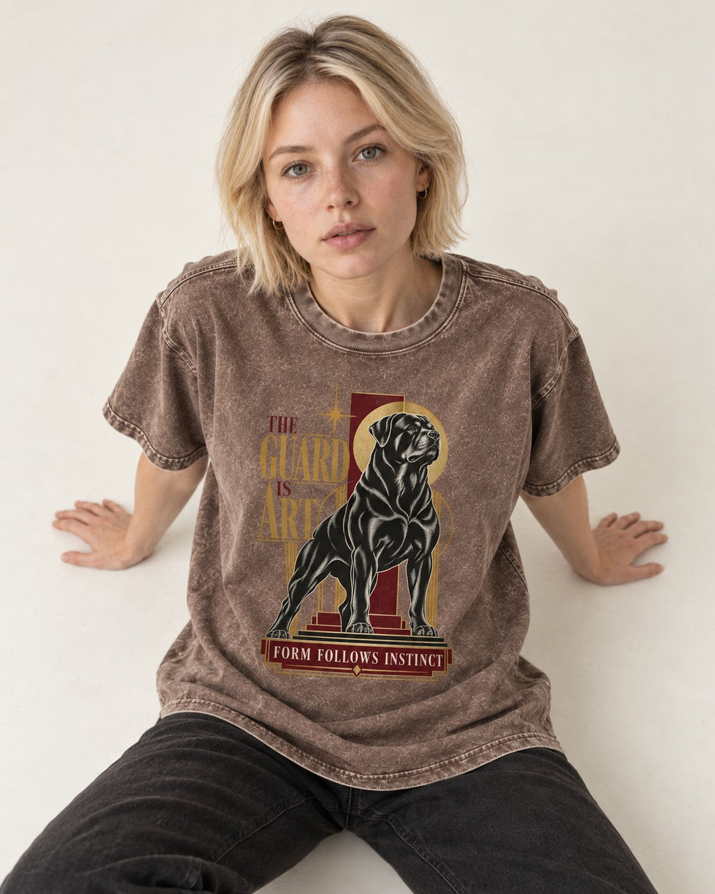 Rottweiler Form Follows Instinct Washed Tee in Coffee, worn by a seated model