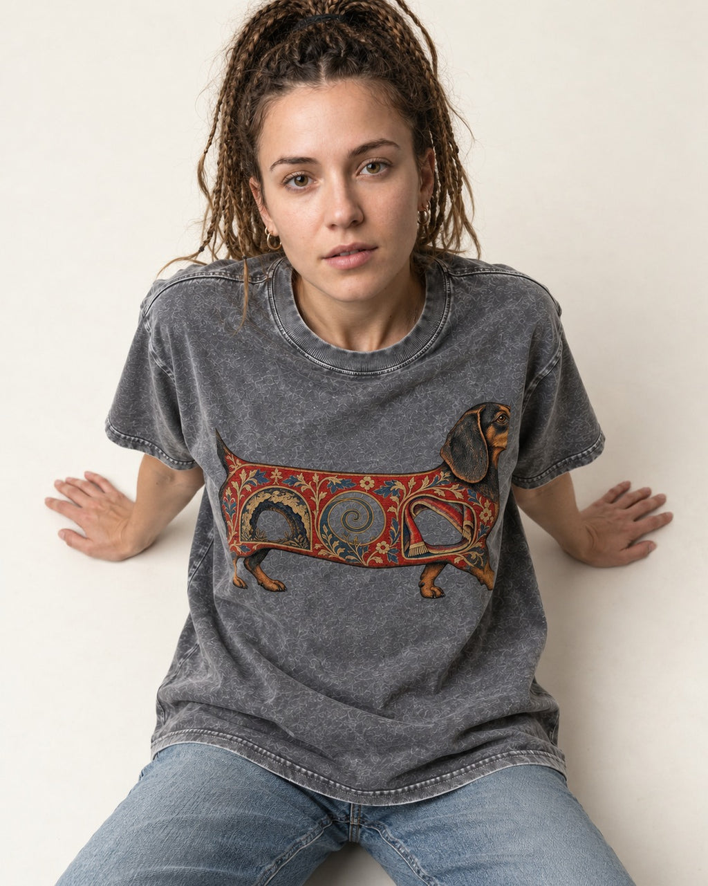 Dachshund Ever After Washed Tee in Gray, worn by a seated model