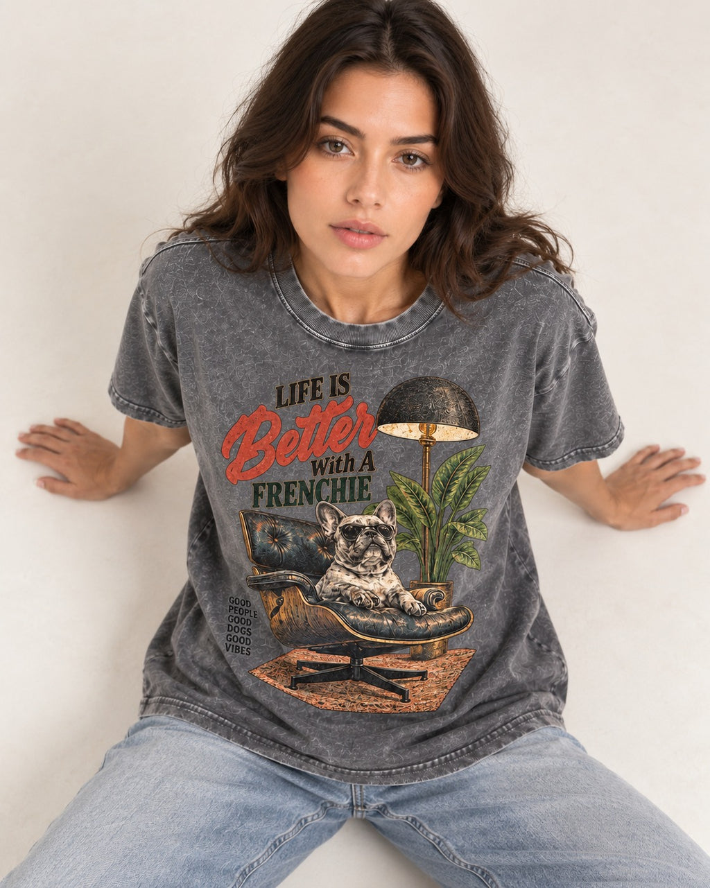 Better with a Frenchie Washed Tee in Gray, worn by a seated model