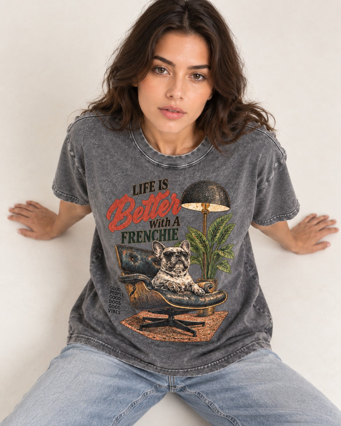 Better with a Frenchie Washed Tee in Gray, worn by a seated model