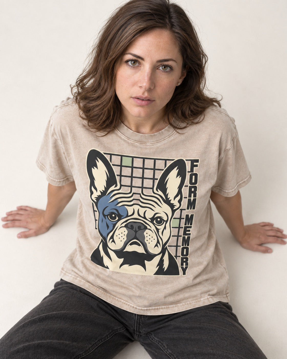 Form Memory Frenchie Washed Tee in Apricot, worn by a seated model
