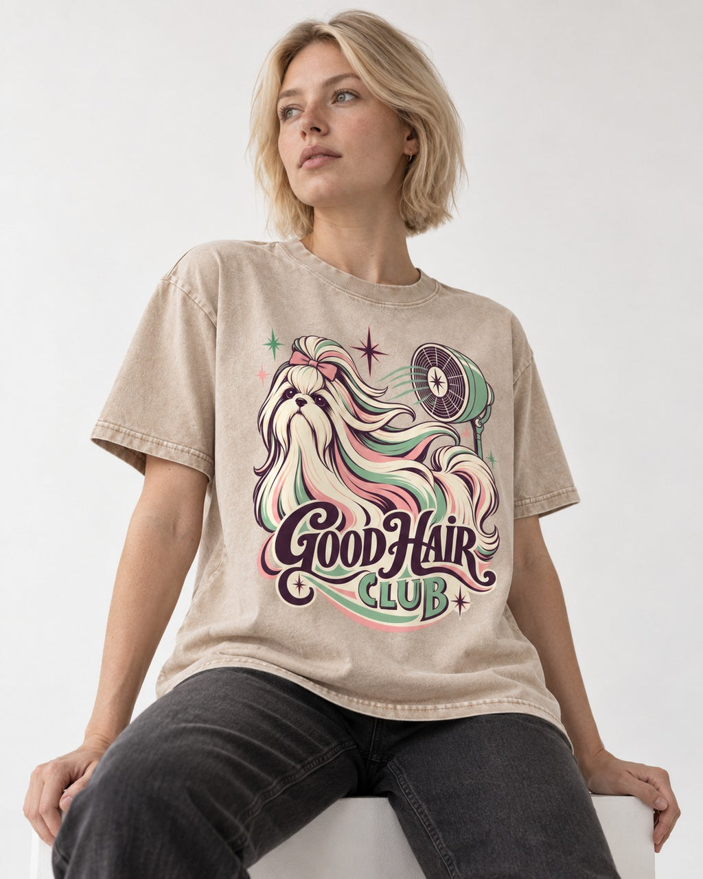 Shih Tzu Good Hair Club Salon Fan Graphic Washed Tee in Apricot, worn by a seated model