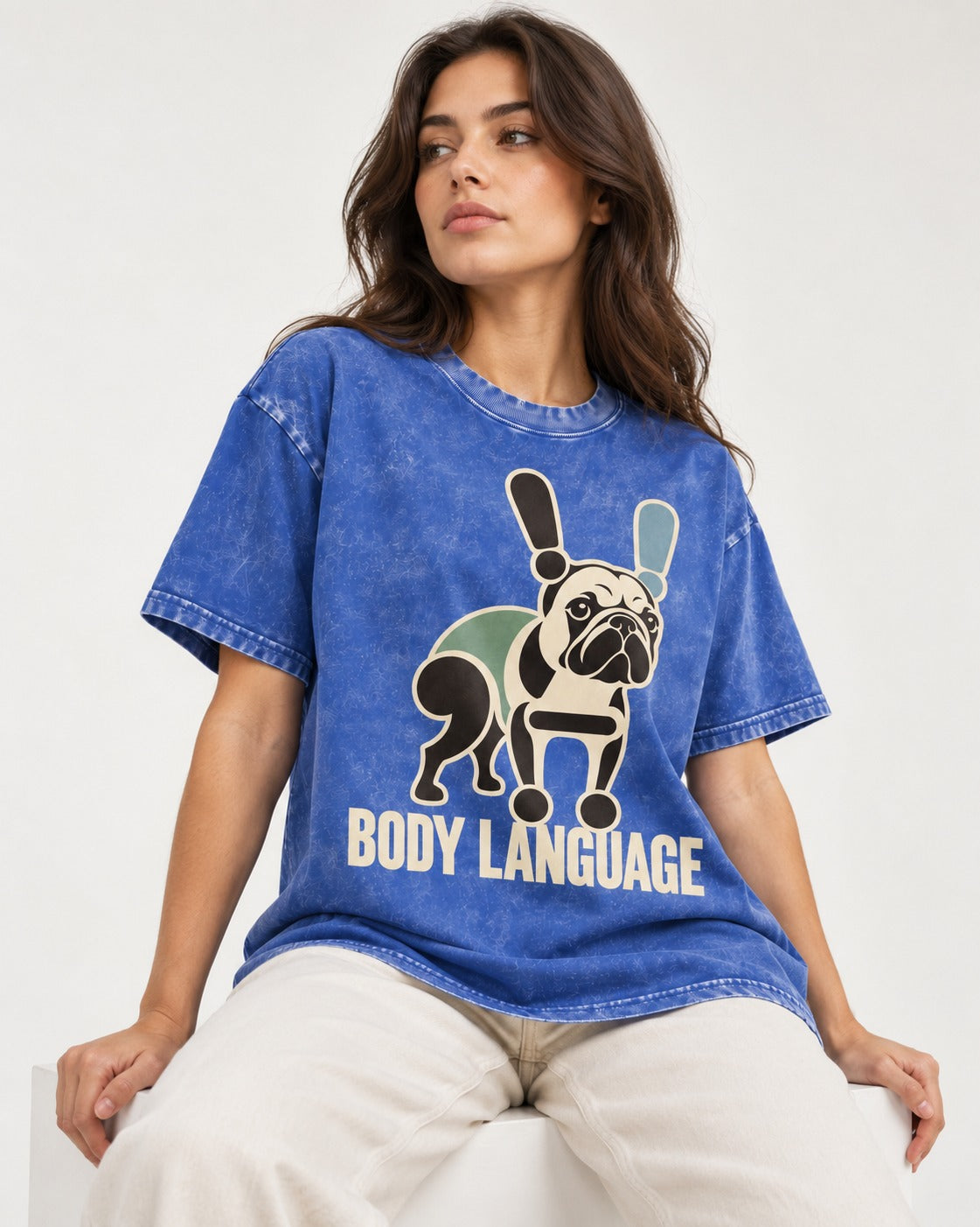 Frenchie Body Language Punctuation Graphic Washed Tee in Royal Blue, worn by a seated model