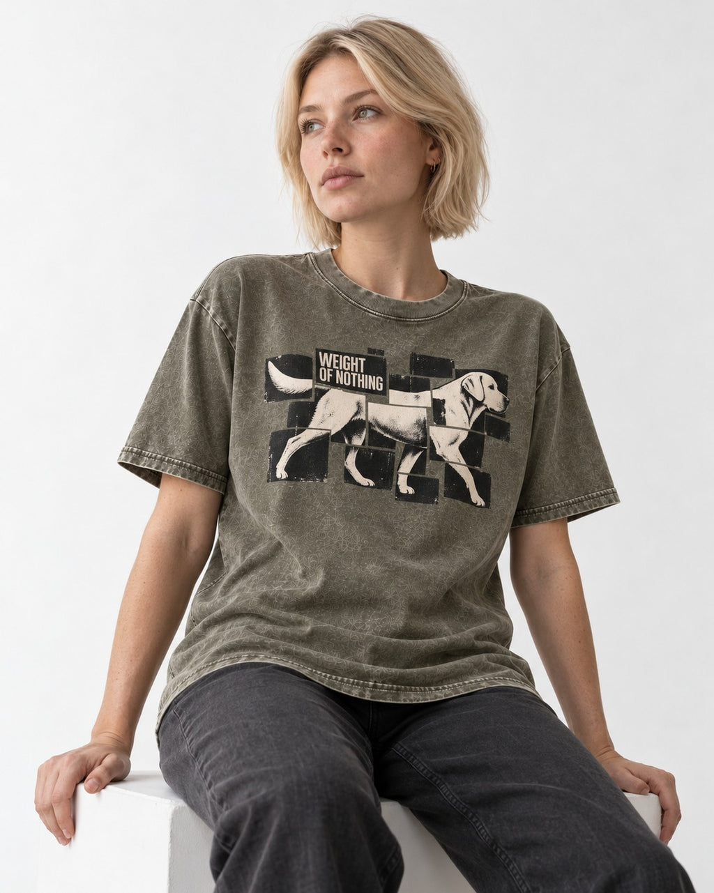 Labrador Retriever Weight of Nothing Fragmented Tile Graphic Washed Tee in Army Green, worn by a seated model