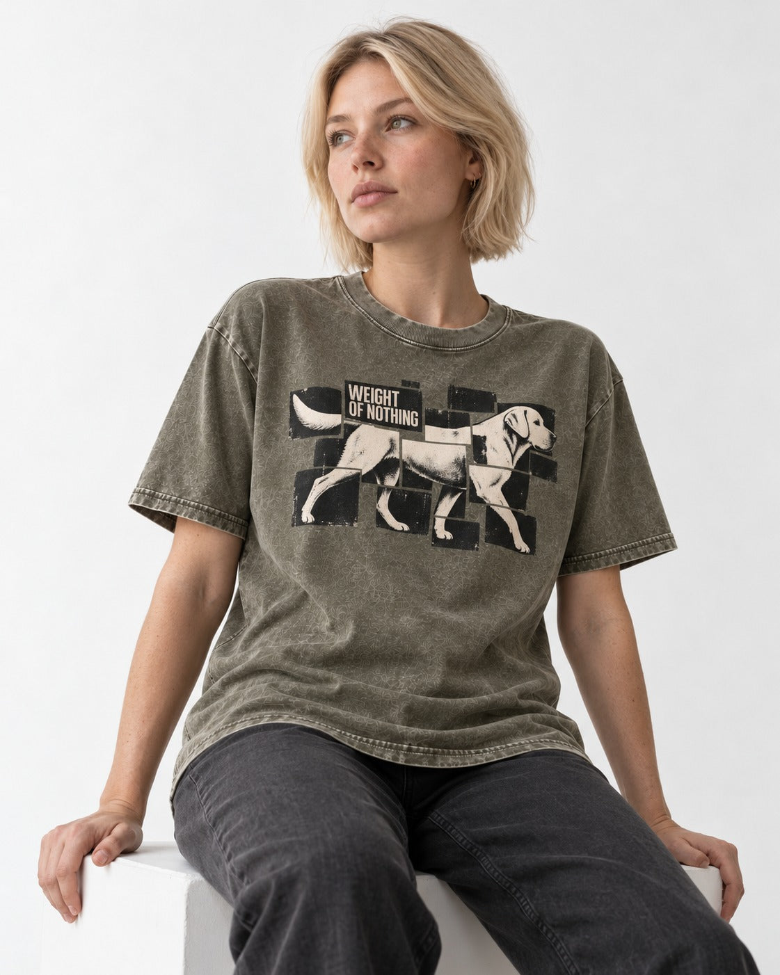 Labrador Retriever Weight of Nothing Fragmented Tile Graphic Washed Tee in Army Green, worn by a seated model
