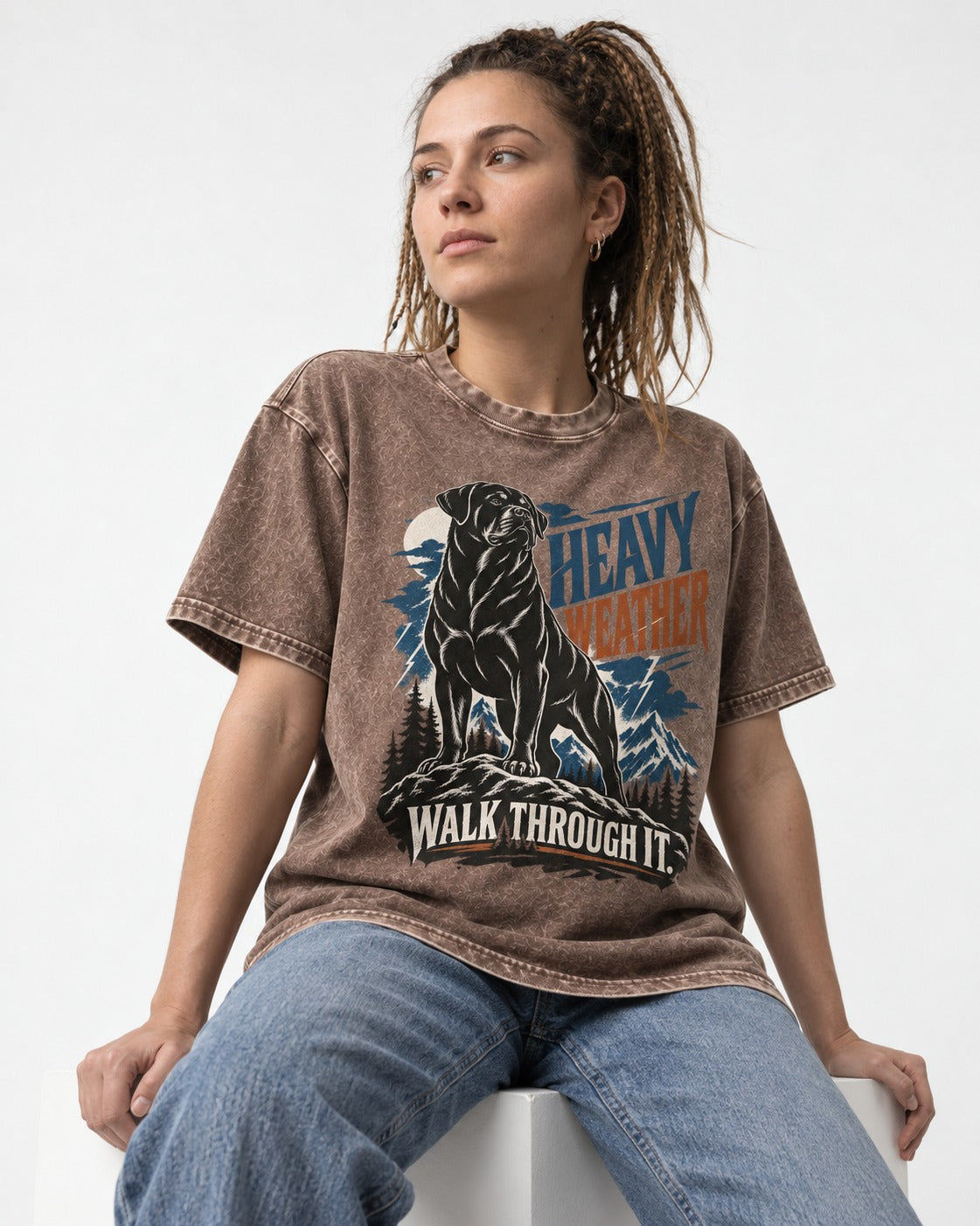 Heavy Weather Rottweiler Washed Tee in Coffee, worn by a seated model