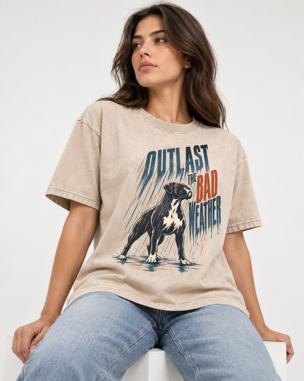 Boxer Outlast the Bad Weather Washed Tee in Apricot, worn by a seated model
