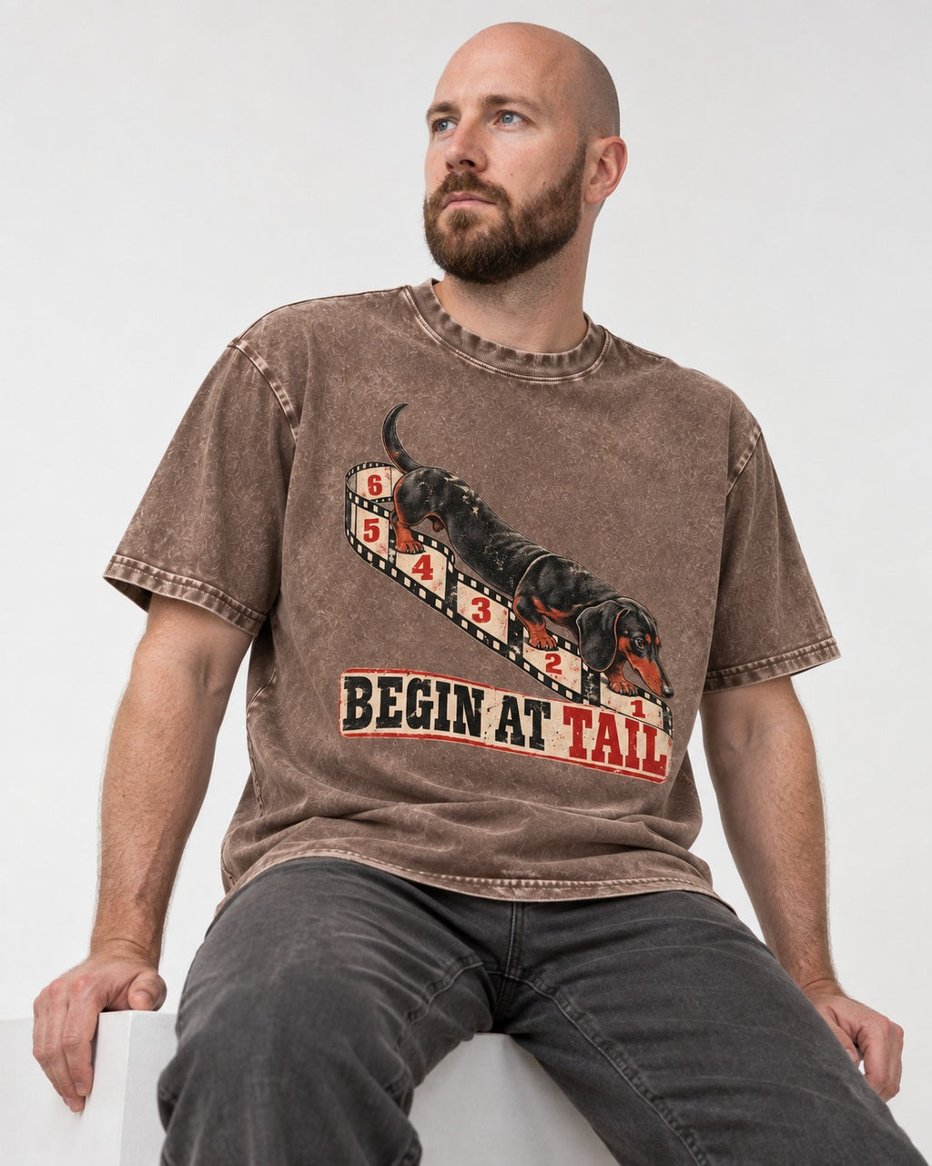 Begin at Tail Dachshund Washed Tee in Coffee, worn by a seated model