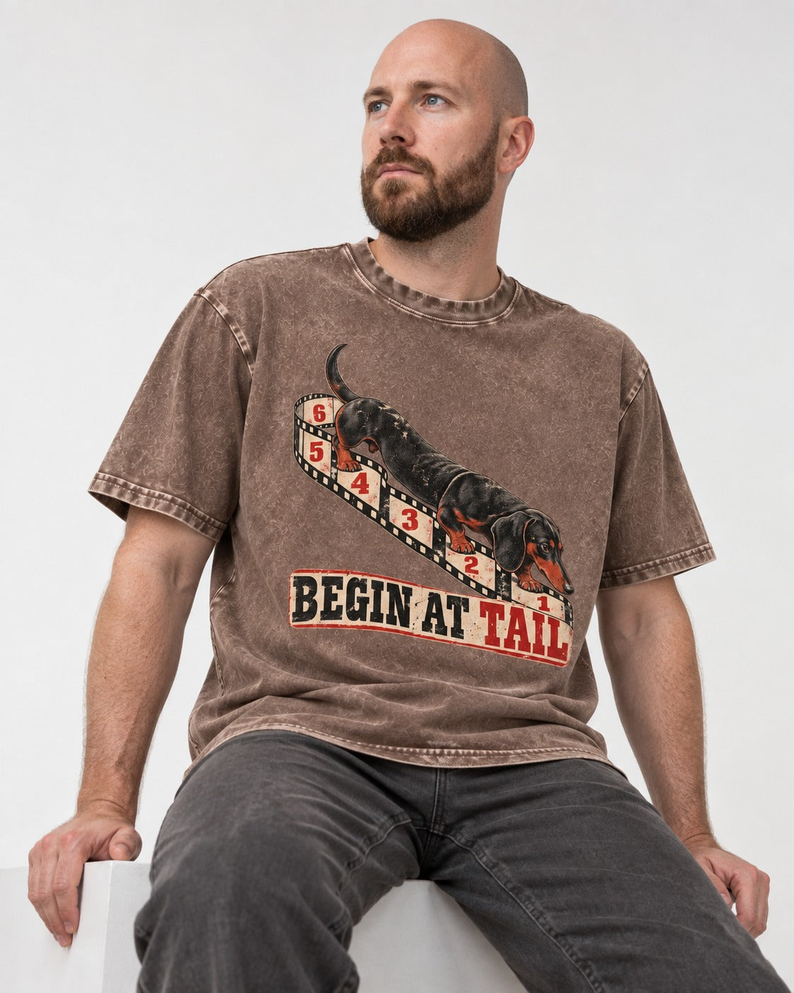 Begin at Tail Dachshund Washed Tee in Coffee, worn by a seated model