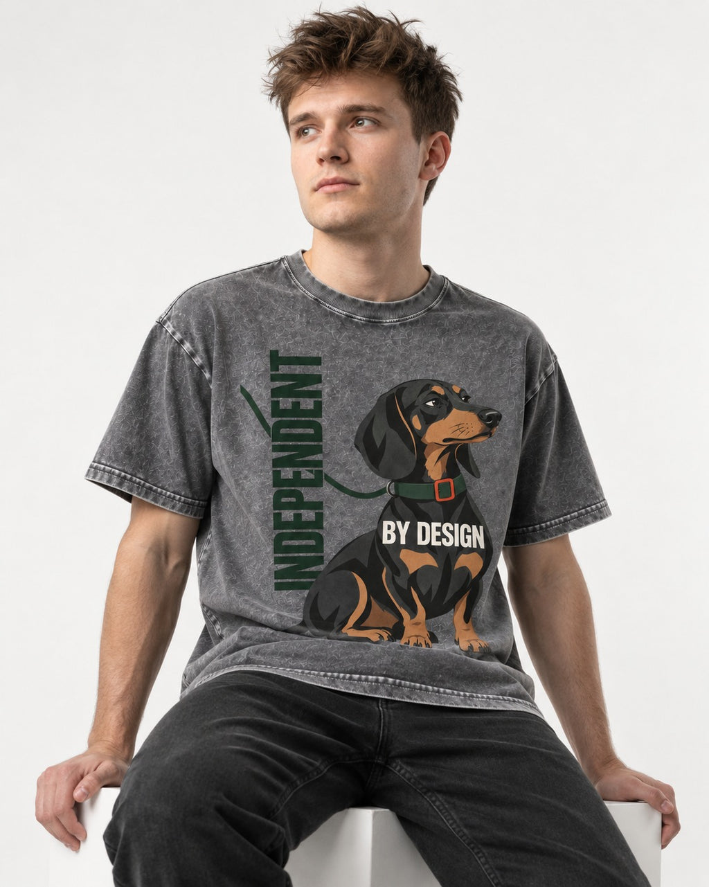 Independent Dachshund Washed Tee in Gray, worn by a seated model
