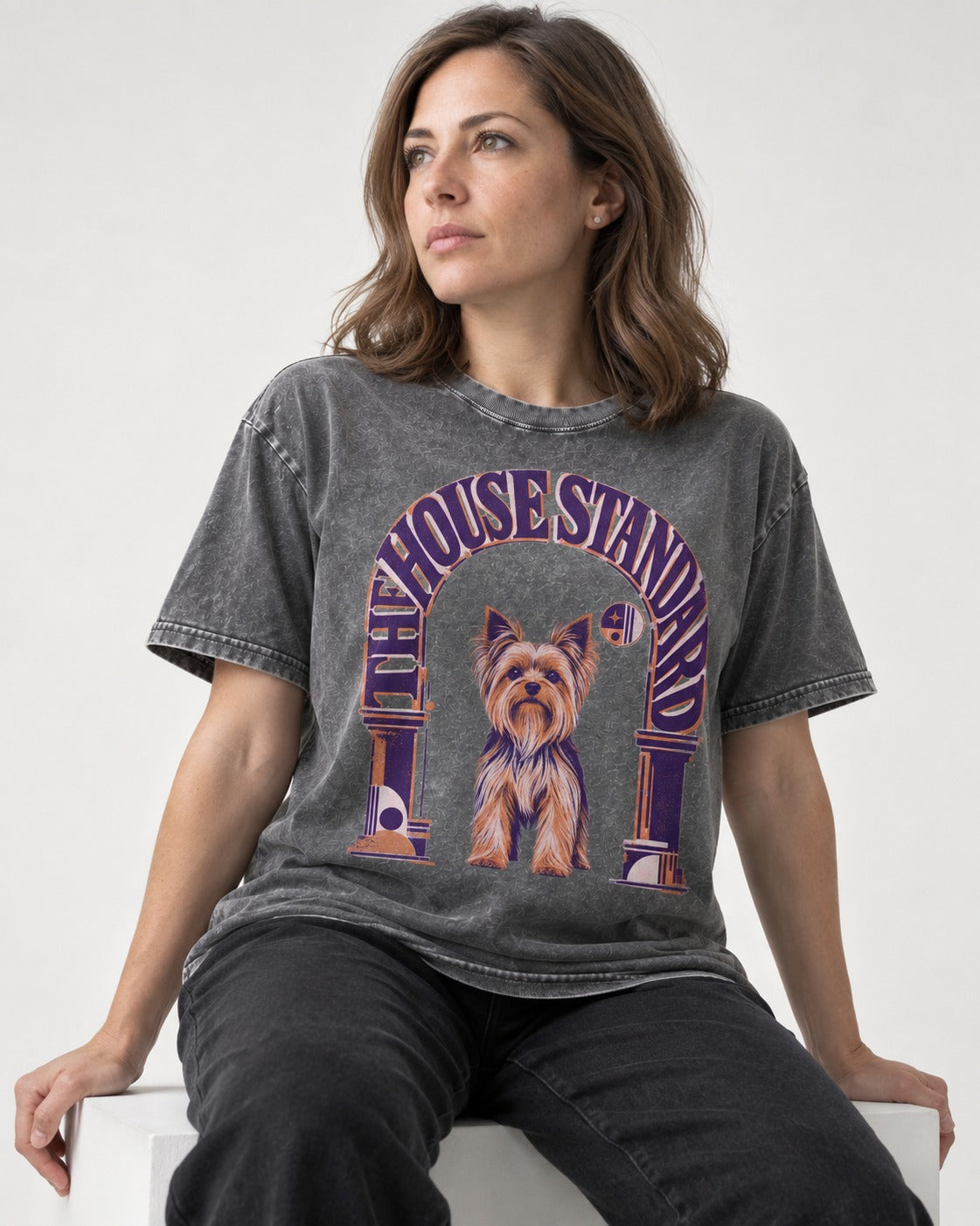 The Yorkshire Terrier House Standard Washed Tee in Gray, worn by a seated model