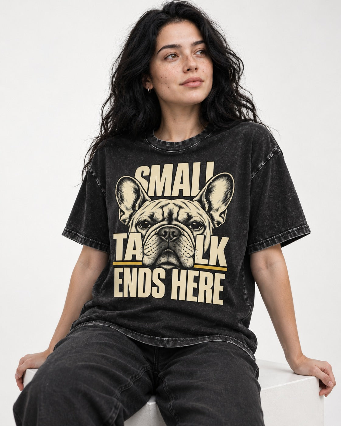 Frenchie Small Talk Ends Here Portrait Graphic Washed Tee in Black, worn by a seated model