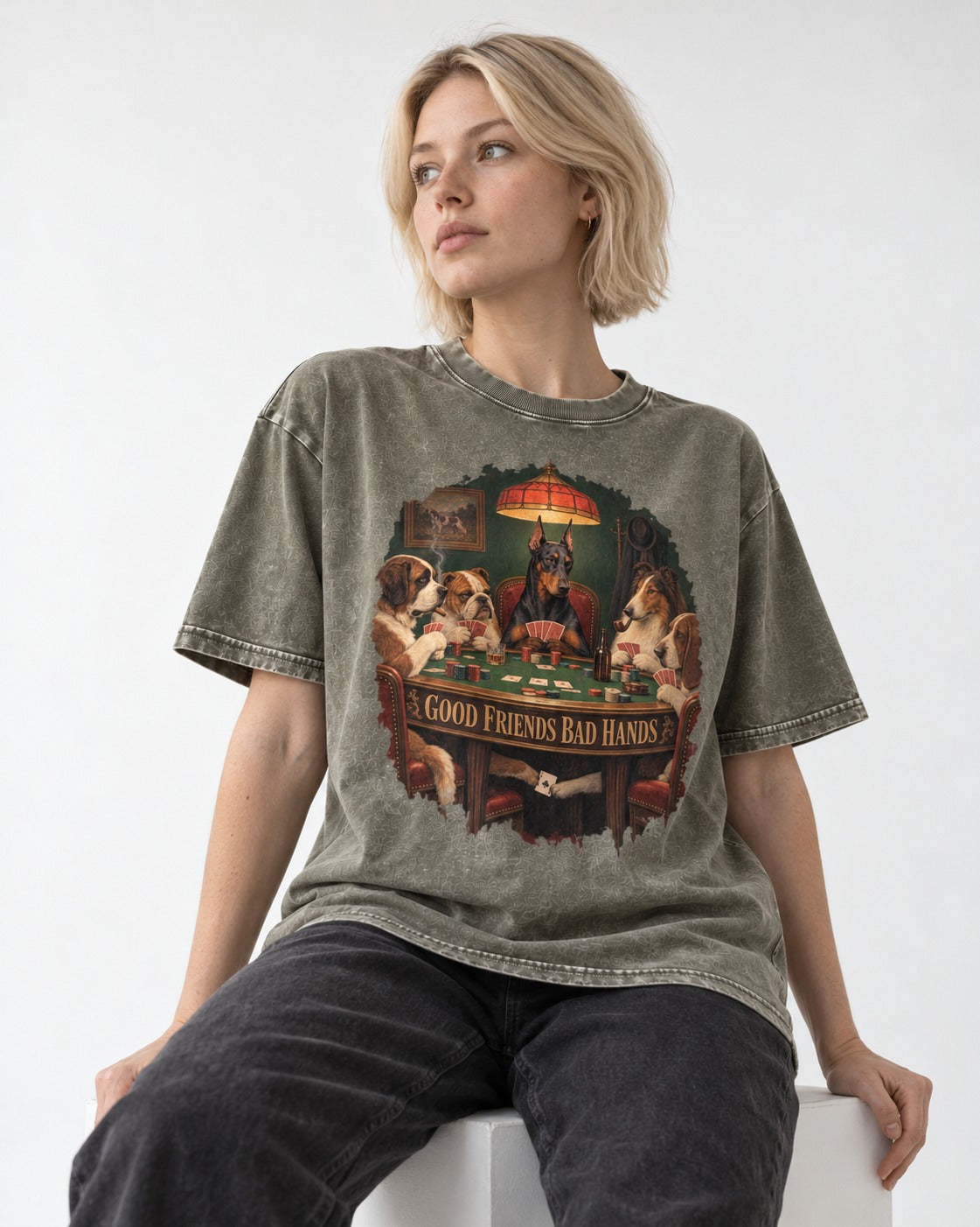 Doberman Good Friends Bad Hands Poker Night Graphic Washed Tee in Army Green, worn by a seated model