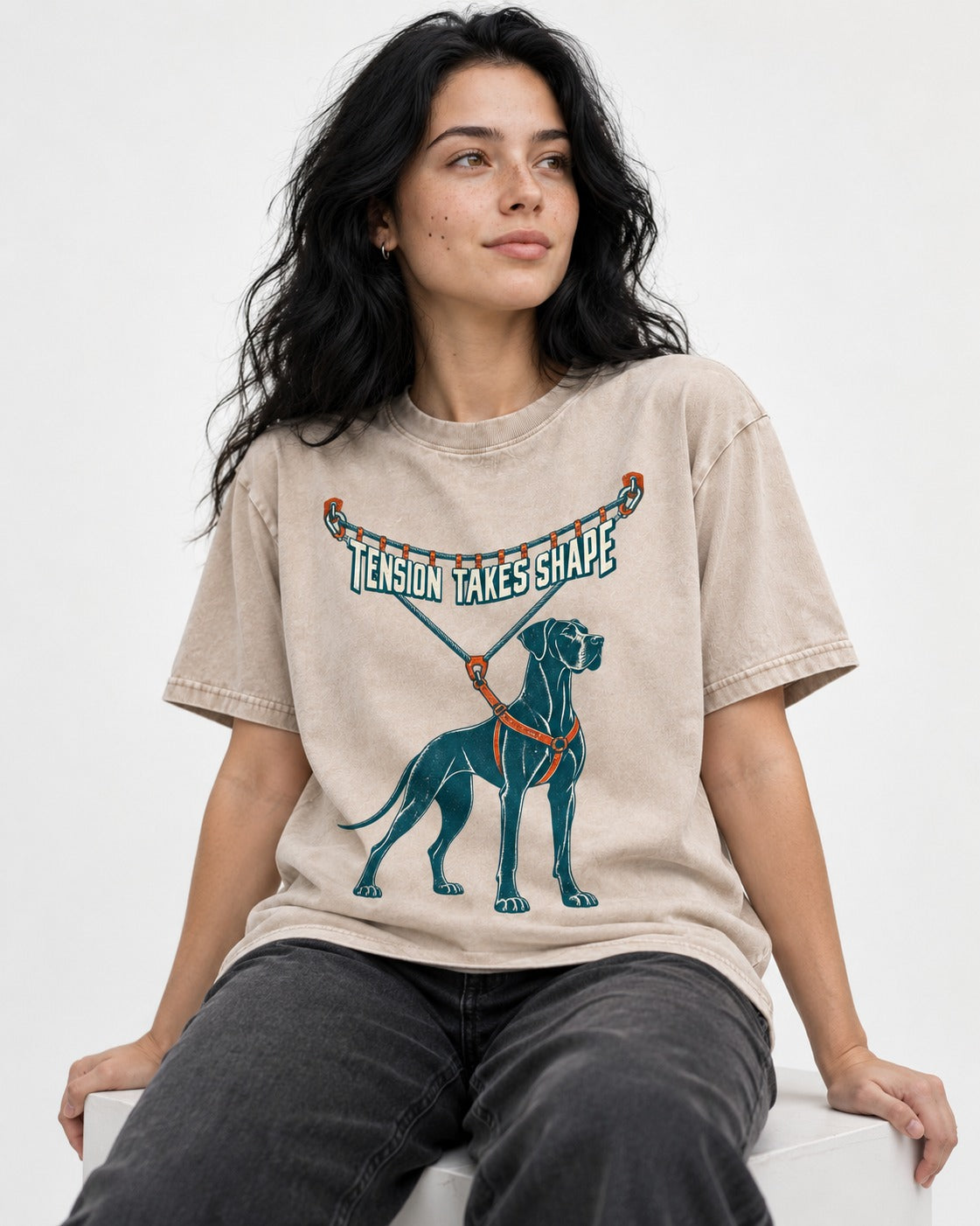 Great Dane Tension Takes Shape Washed Tee in Apricot, worn by a seated model