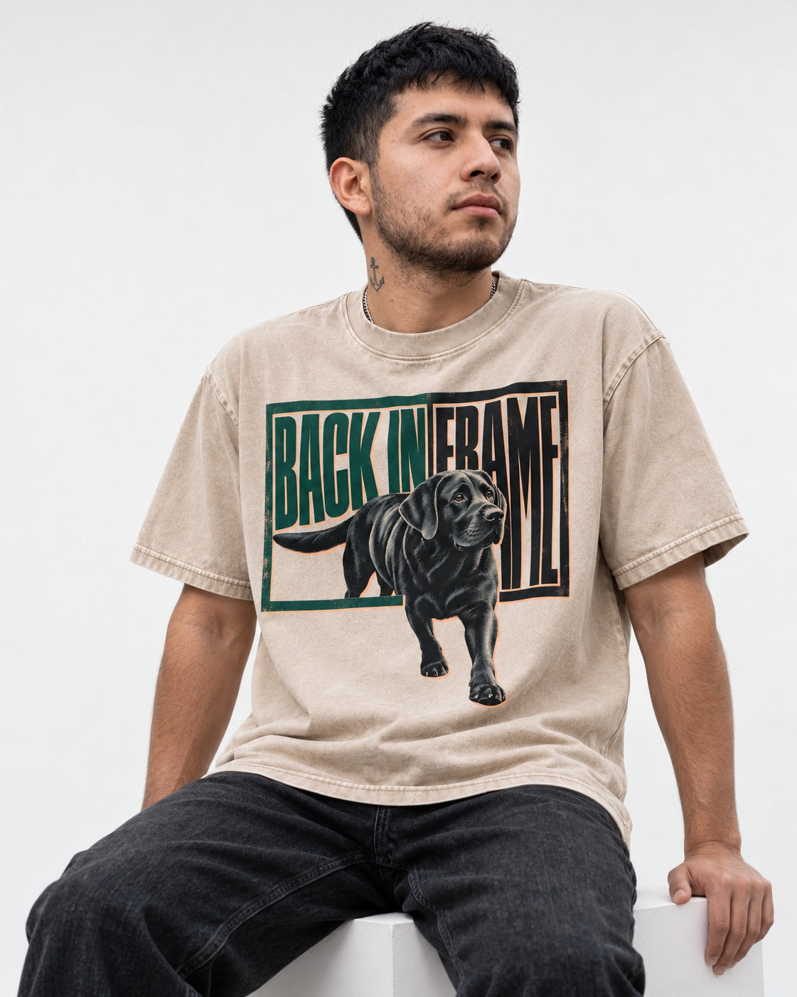 Labrador Retriever Back in Frame Washed Tee in Apricot, worn by a seated model