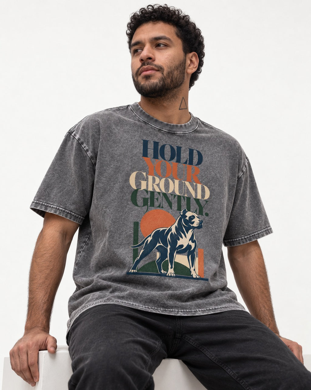 Pitbull Hold Your Ground Gently Standing Dog Graphic Washed Tee in Gray, worn by a seated model